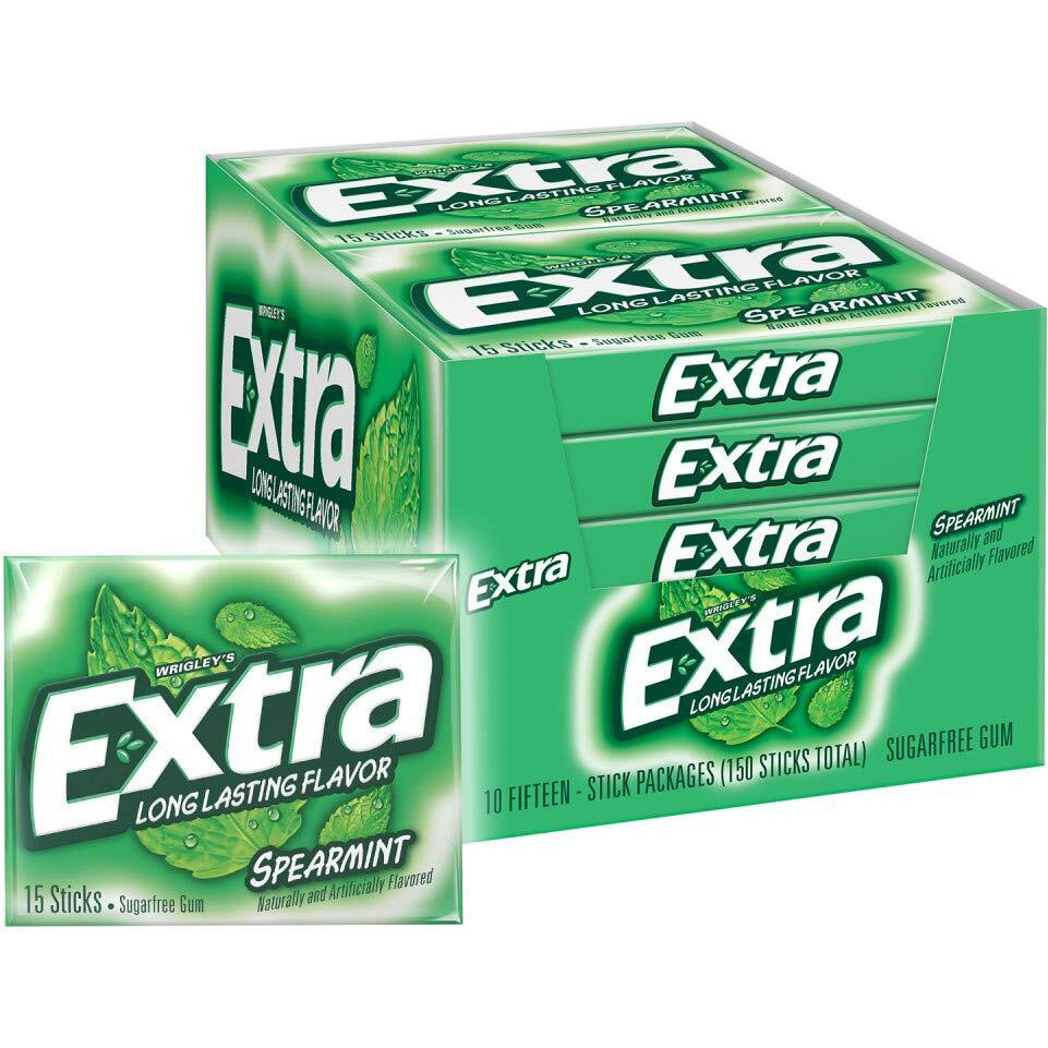 Extra Spearmint Sugarfree Chewing Gum, 15 Pieces (Pack Of 10)
