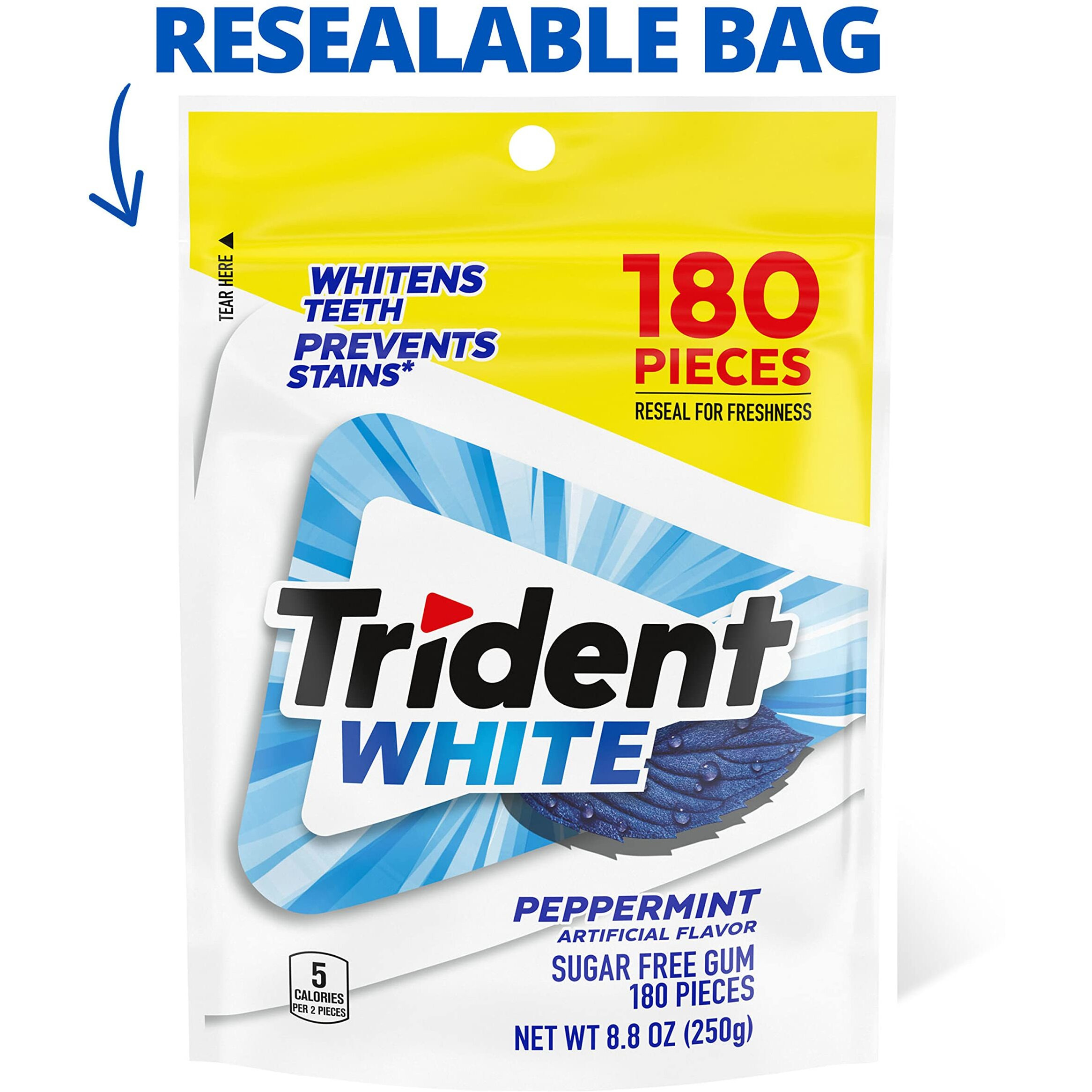 Trident White Sugar Free Gum, Peppermint, 180 Count (Packaging May Vary)