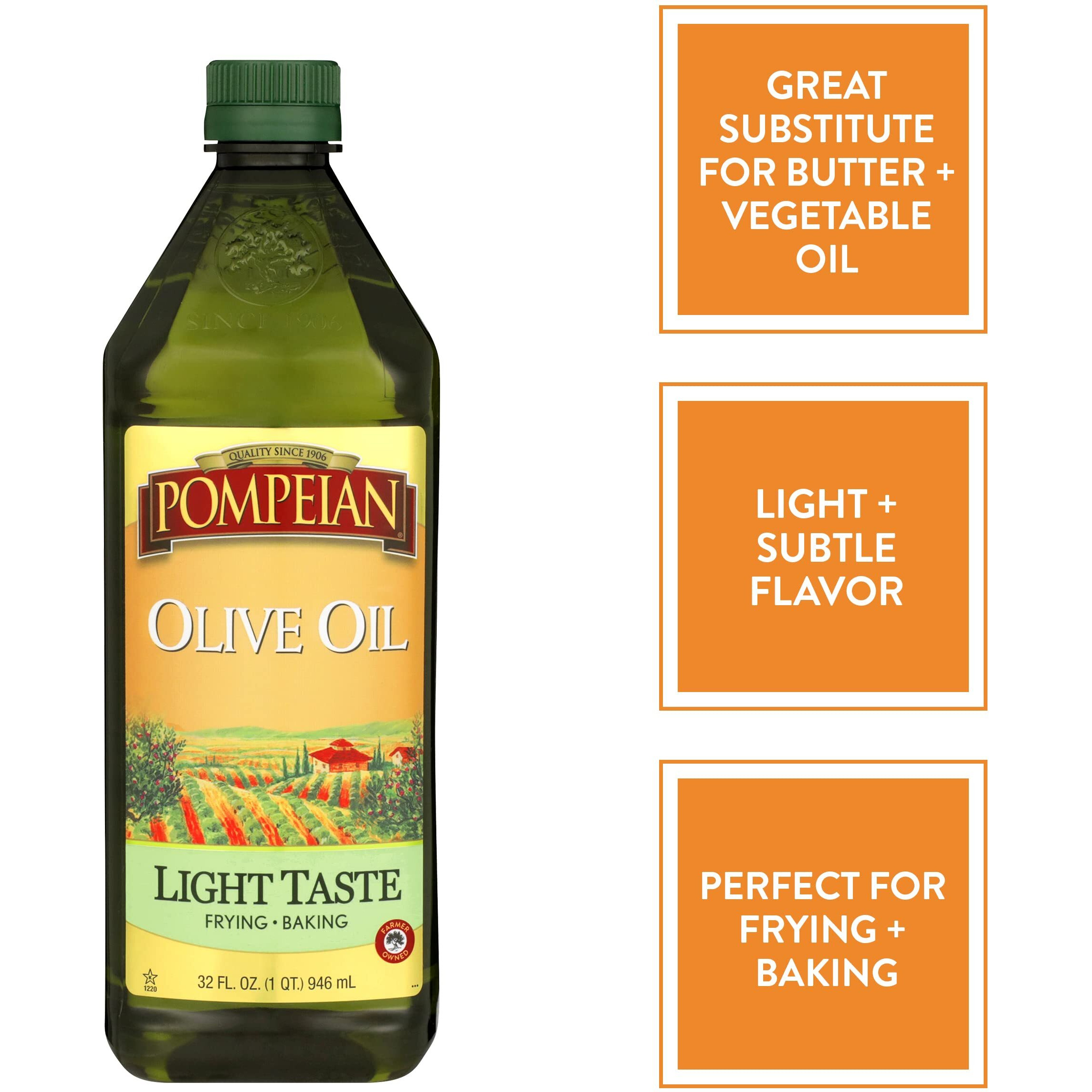Pompeian Light Taste Olive Oil, Subtle Flavor, Perfect For Frying & Baking, Naturally Gluten Free, Non-Allergenic, Non-Gmo, 32 Fl. Oz.