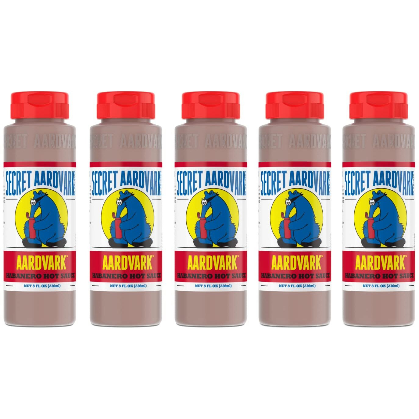 Secret Aardvark Habanero Hot Sauce - Habanero Peppers & Roasted Tomatoes, Medium Spiced Hot Sauce, Bbq Sauce, Non-Gmo, Low Sugar, Low Carb, Gluten-Free Hot Sauce & Marinade - 8 Fl Oz 5 Pack