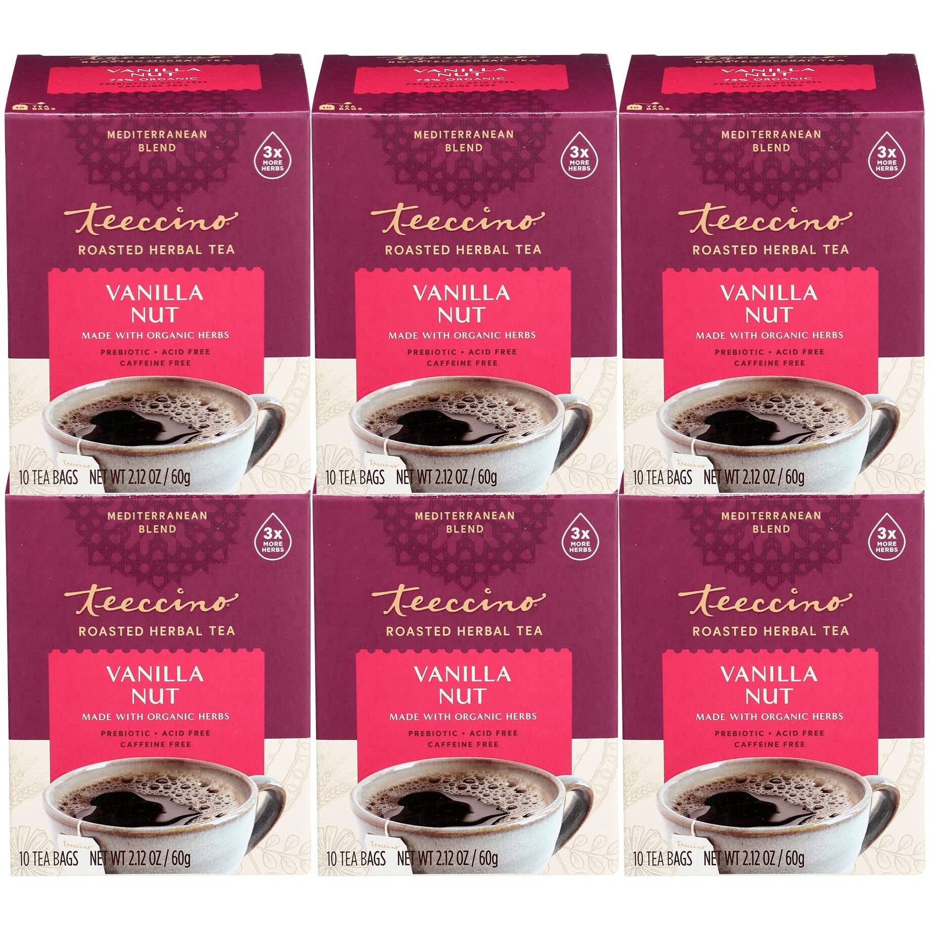 Teeccino Vanilla Nut Herbal Tea - Rich & Roasted Herbal Tea Thats Caffeine Free & Prebiotic For Natural Energy, 10 Tea Bags (Pack Of 6)