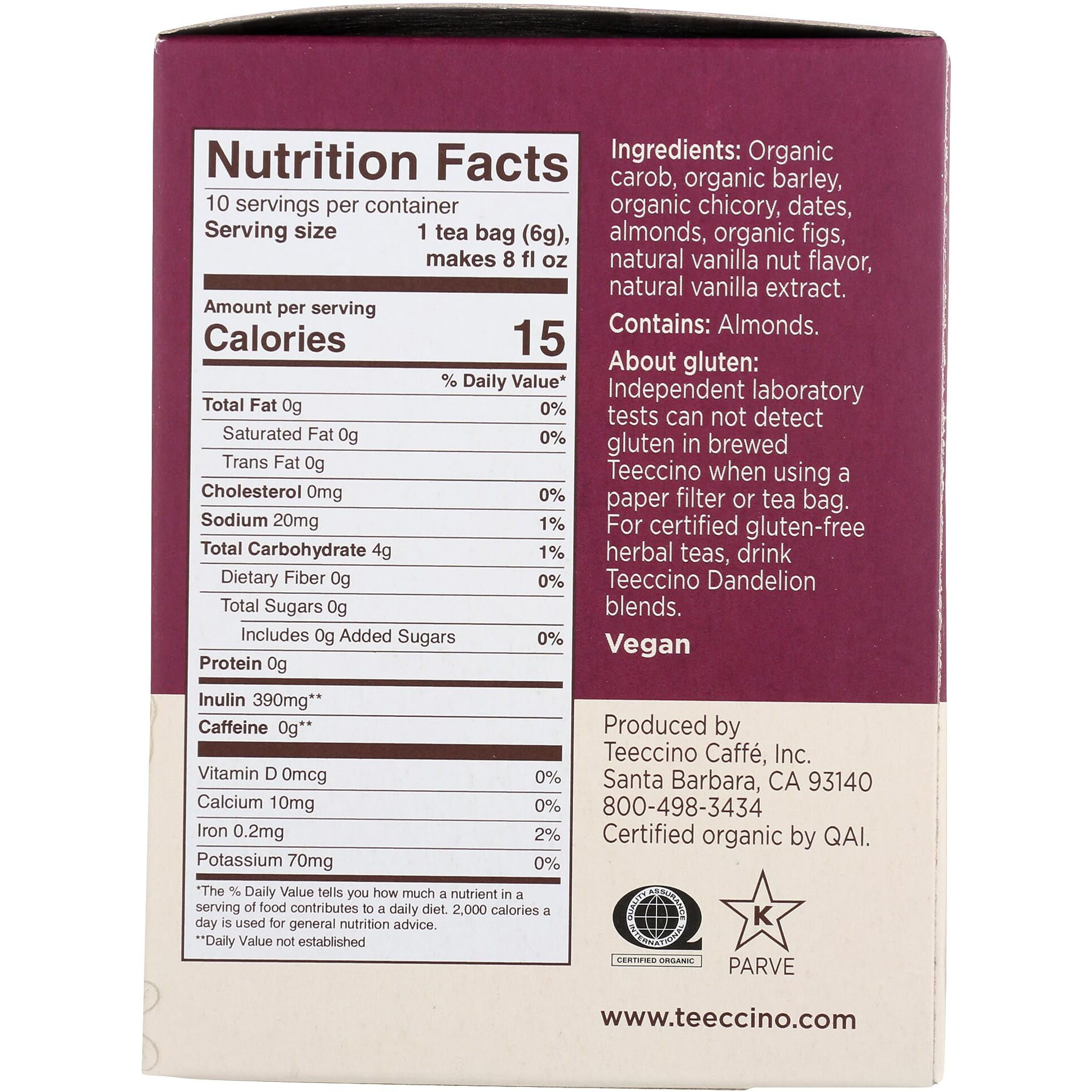 Teeccino Vanilla Nut Herbal Tea - Rich & Roasted Herbal Tea Thats Caffeine Free & Prebiotic For Natural Energy, 10 Tea Bags (Pack Of 6)
