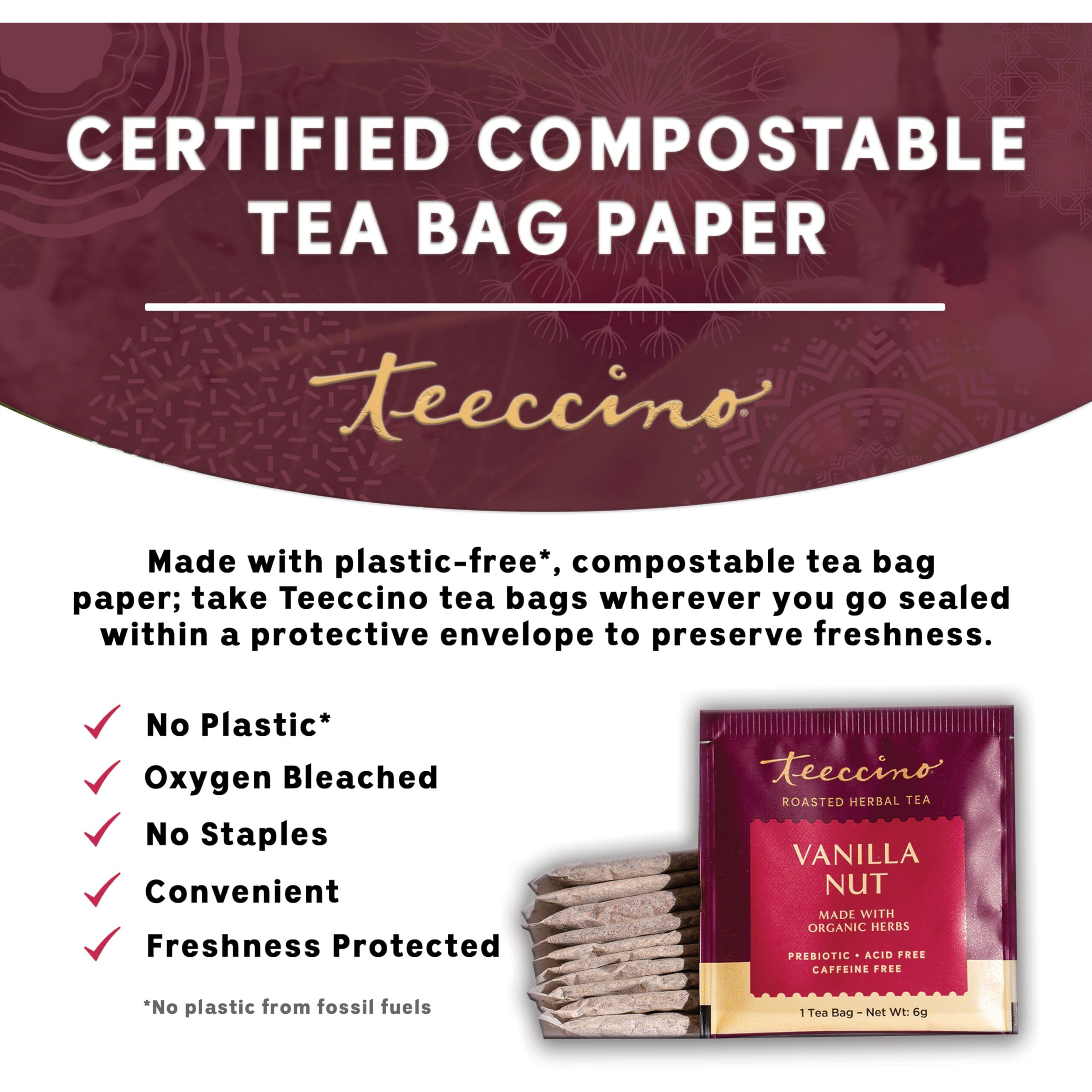 Teeccino Vanilla Nut Herbal Tea - Rich & Roasted Herbal Tea Thats Caffeine Free & Prebiotic For Natural Energy, 10 Tea Bags (Pack Of 6)