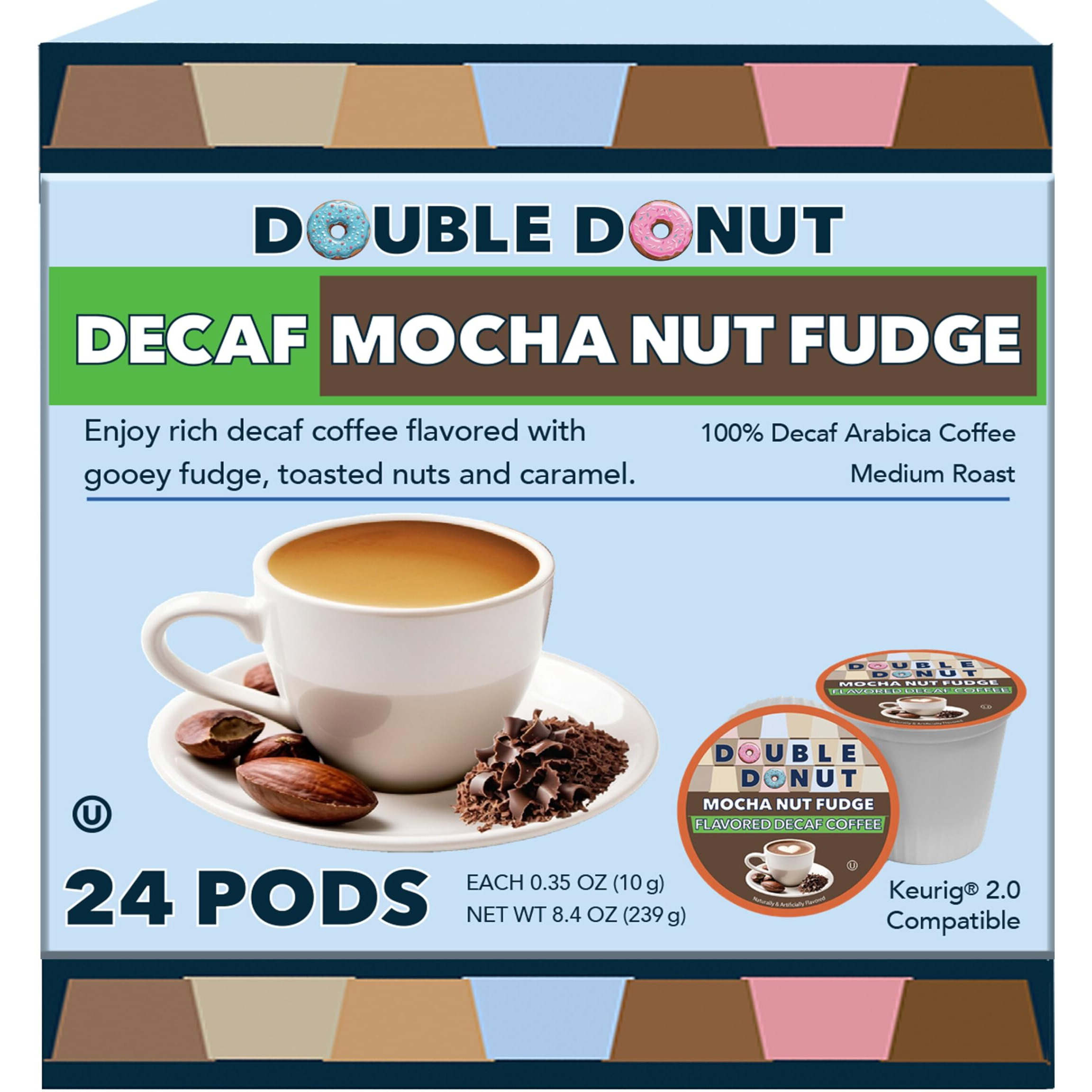 Double Donut Medium Roast Decaf Coffee Pods, Mocha Nut Fudge Flavored, For Keurig K-Cup Machines, 24 Single-Serve Capsules Per Box