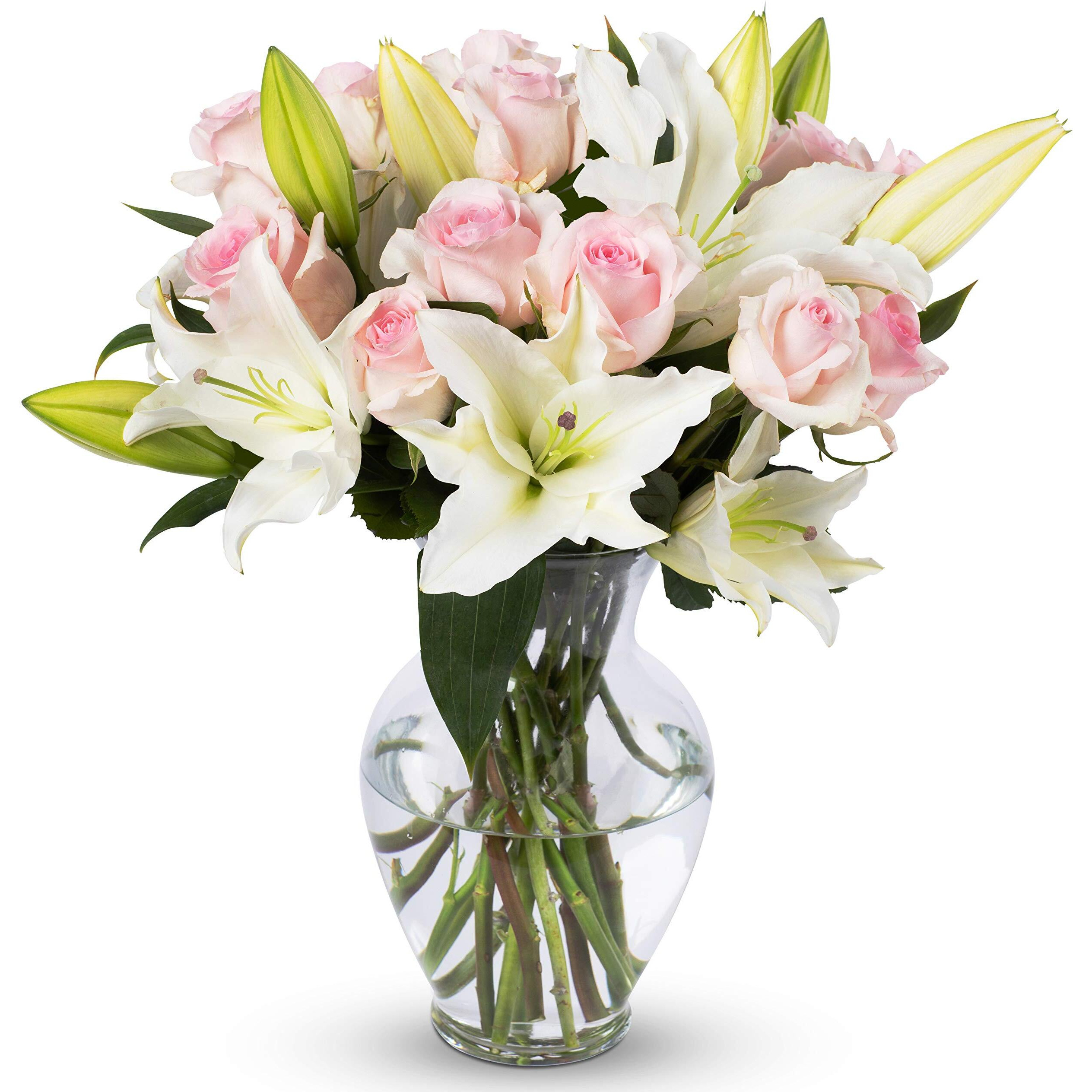 Benchmark Bouquets, Pink Roses & Lilies, Glass Vase Included, Gift Fresh Flowers For Birthday, Anniversary, Get Well, Sympathy, Congratulations, Thank You, Just Because