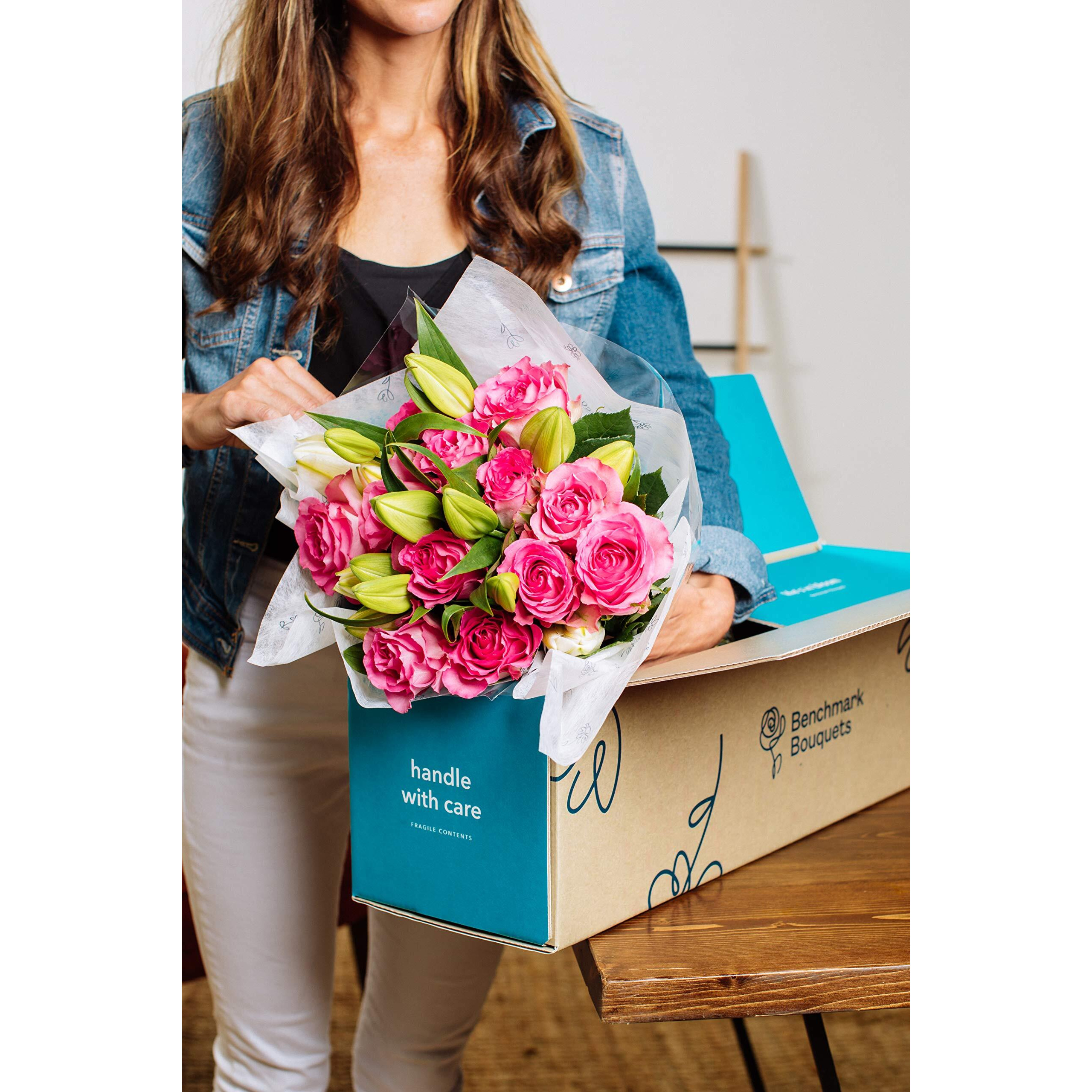 Benchmark Bouquets, Pink Roses & Lilies, Glass Vase Included, Gift Fresh Flowers For Birthday, Anniversary, Get Well, Sympathy, Congratulations, Thank You, Just Because
