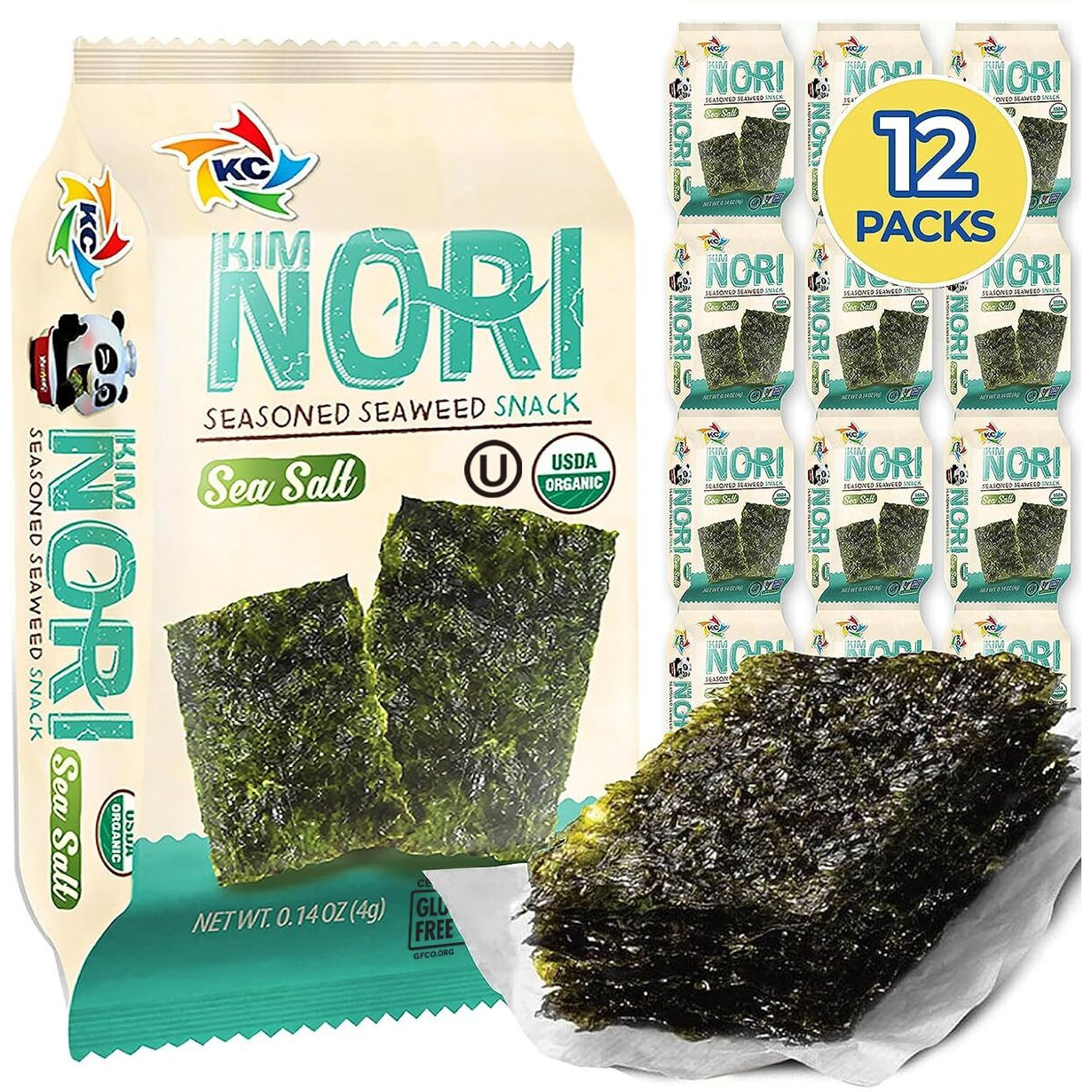 Kimnori Seasoned Seaweed Snacks Sheets - Organic Sea Salt Flavor 12 Individual Packs Roasted Crispy Premium 100% Natural Laver Kim Nori 4G 0.14 Ounce
