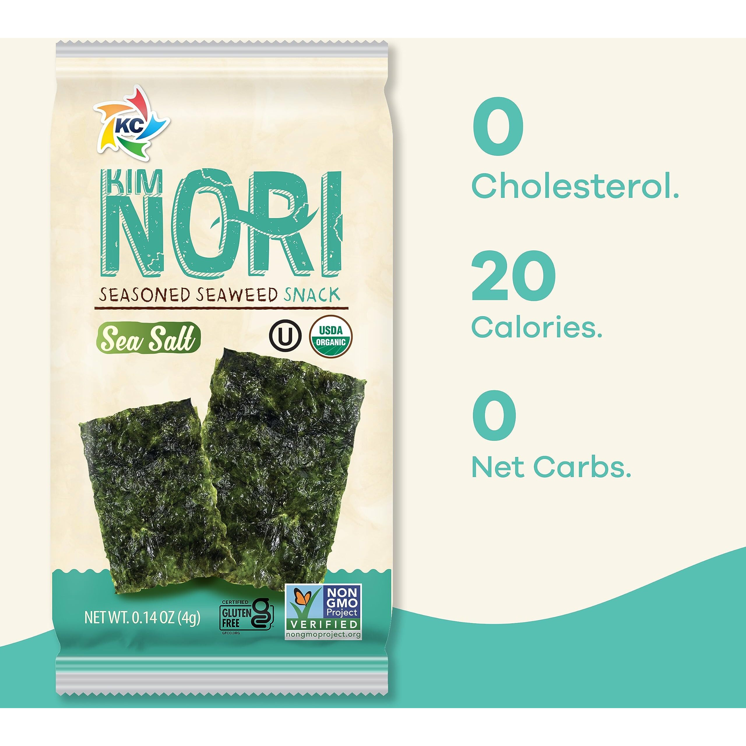 Kimnori Seasoned Seaweed Snacks Sheets - Organic Sea Salt Flavor 12 Individual Packs Roasted Crispy Premium 100% Natural Laver Kim Nori 4G 0.14 Ounce