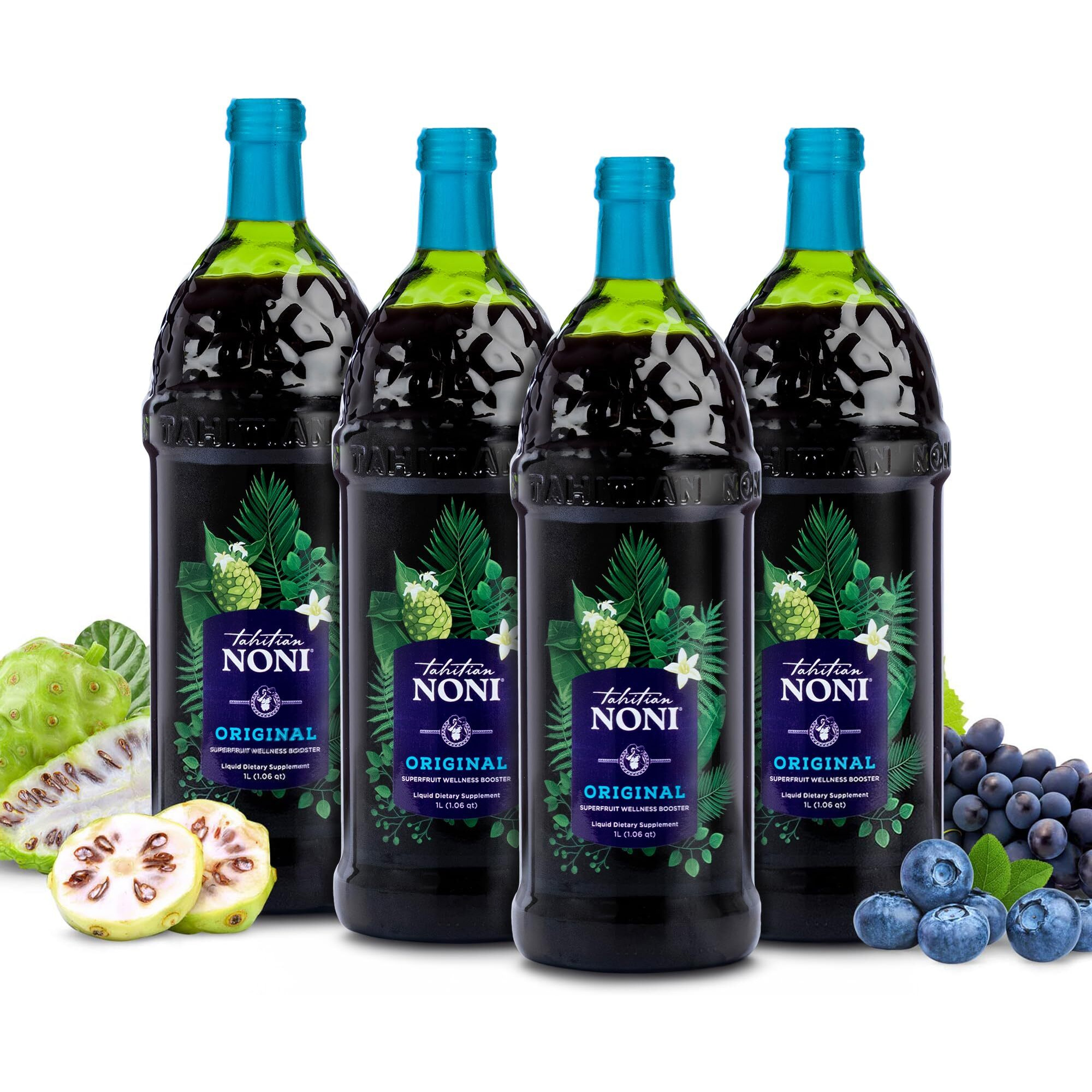 Tahitian Noni Juice By Morinda - Original And Authentic Noni Fruit Puree With Natural Blueberry & Grape (Resveratrol) - Invigorating Daily Superfood Drink For Enhanced Vitality - 4X1L Bottles/Case
