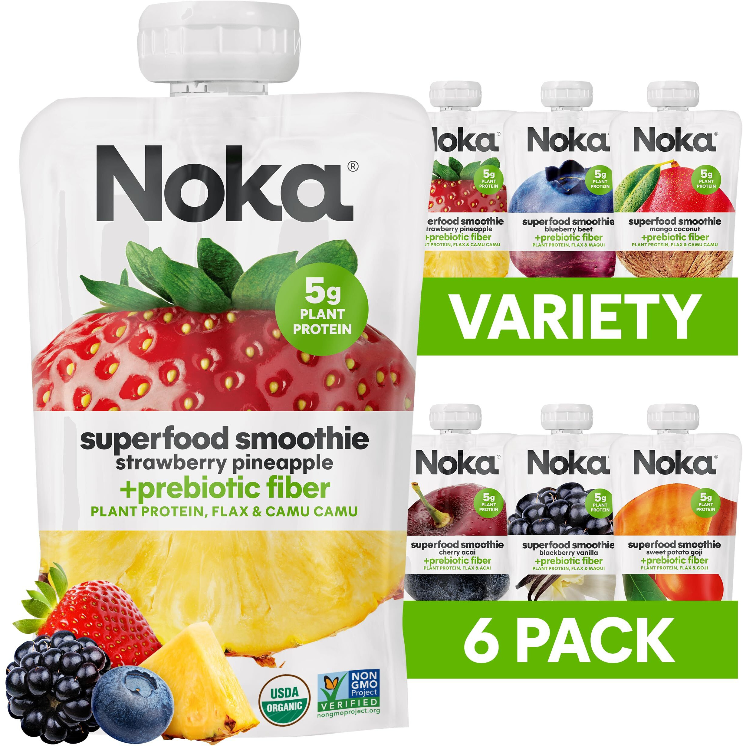Noka Superfood Fruit Smoothie Pouches Variety Pack, Healthy Snacks With Flax Seed, Plant Protein And Prebiotic Fiber, Vegan And Gluten Free Snacks, Organic Squeeze Pouch, 4.22 Oz, 6 Count