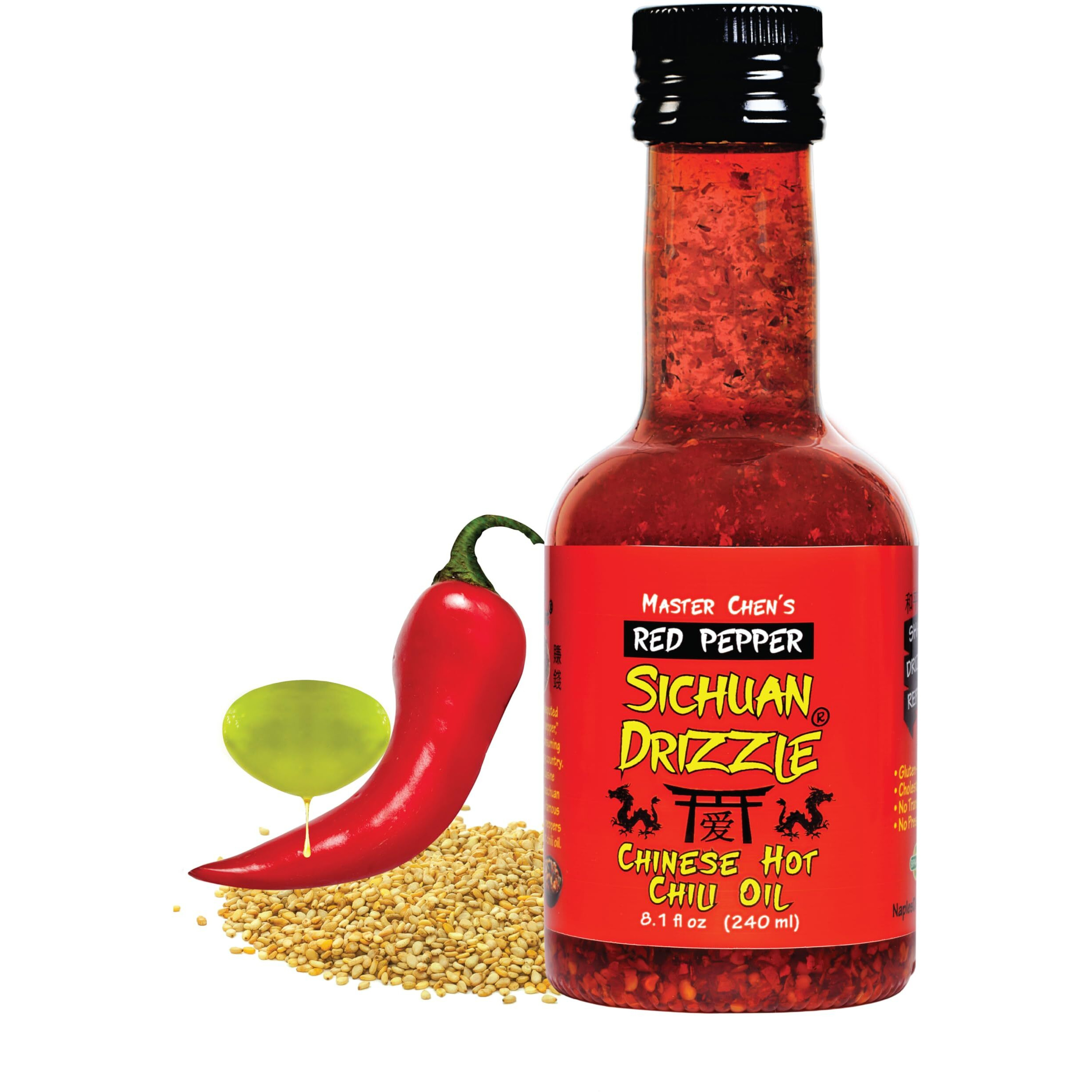 Sichuan Drizzle Chinese Chili Oil -- Condiment & Ingredient, Premium Evoo With Hot Chili Flakes, Rice & Noodles' Condiment, Vegan, Gluten-Free & Paleo