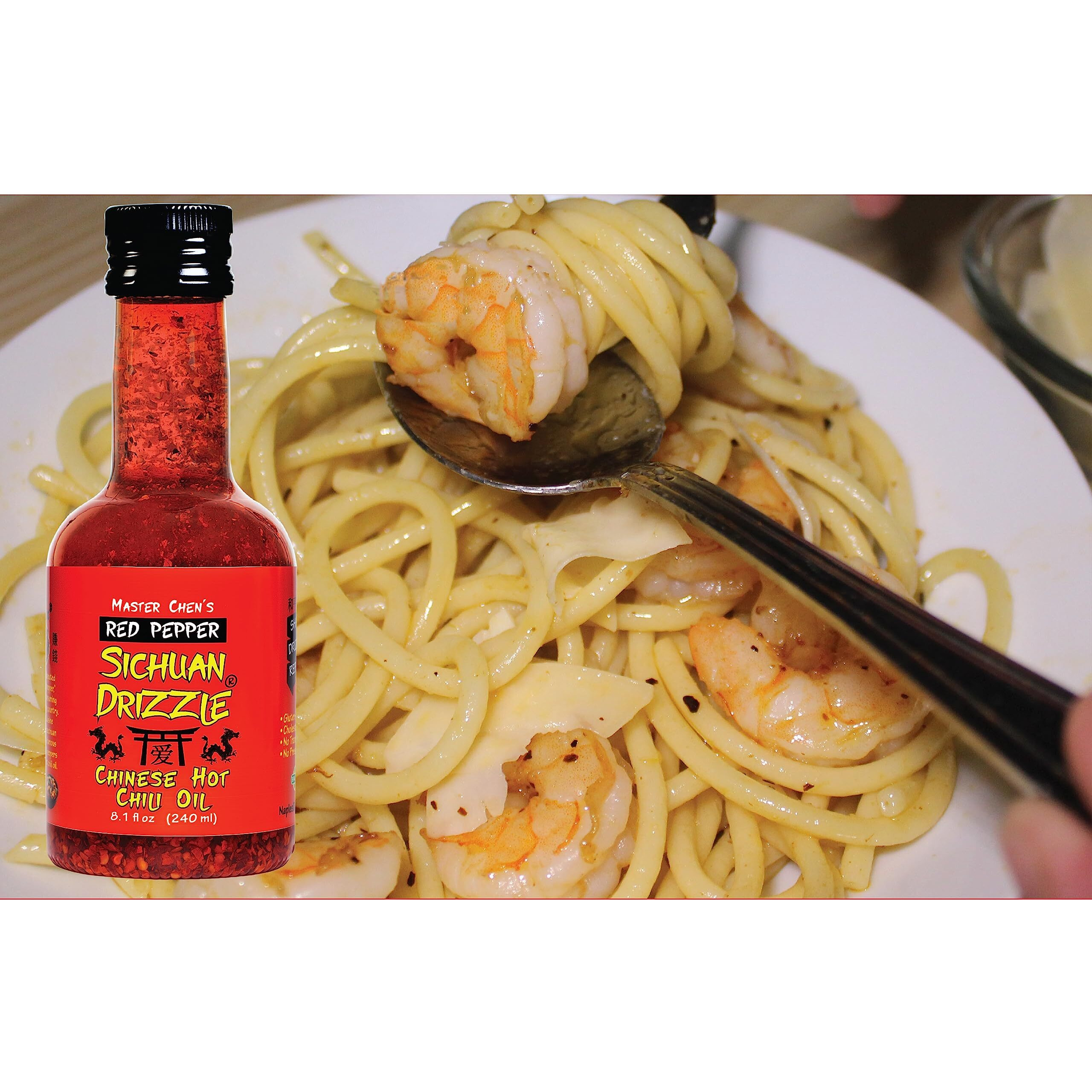 Sichuan Drizzle Chinese Chili Oil -- Condiment & Ingredient, Premium Evoo With Hot Chili Flakes, Rice & Noodles' Condiment, Vegan, Gluten-Free & Paleo