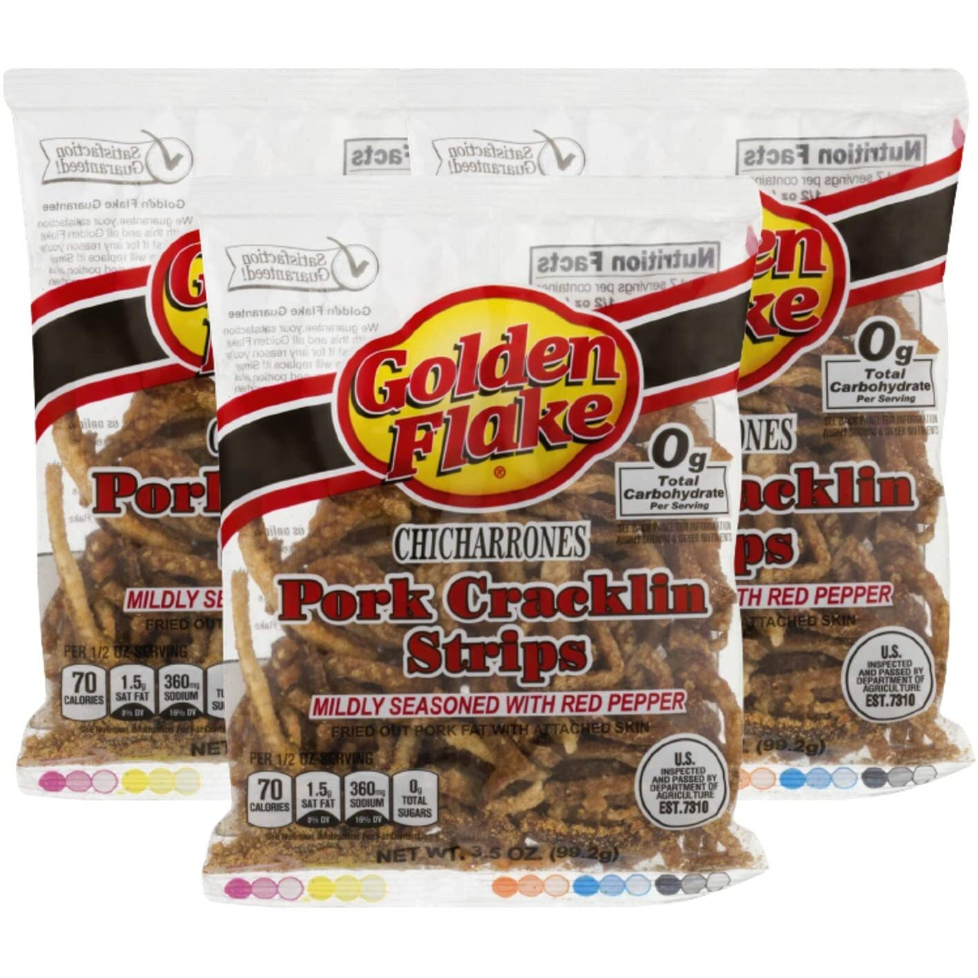 Golden Flake Fried Pork Cracklin Strips Mildly Seasoned With Red Pepper- 3.25 Oz. Bags (3 Bags)