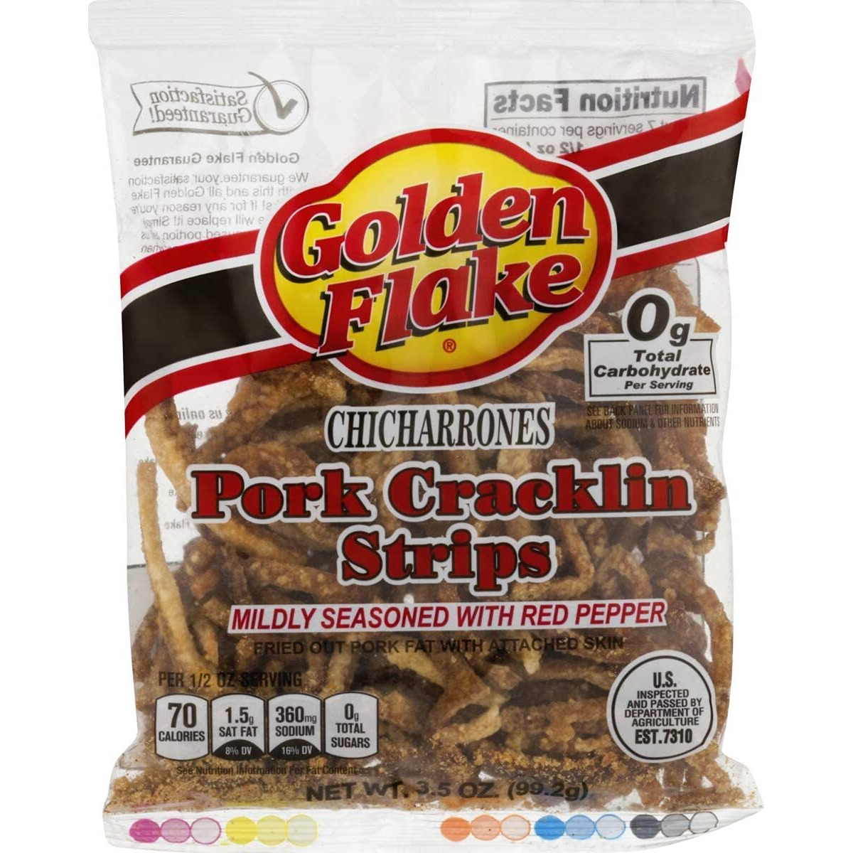 Golden Flake Fried Pork Cracklin Strips Mildly Seasoned With Red Pepper- 3.25 Oz. Bags (3 Bags)