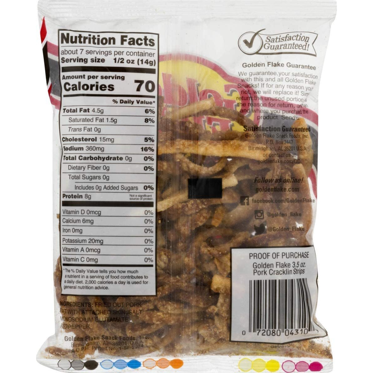 Golden Flake Fried Pork Cracklin Strips Mildly Seasoned With Red Pepper- 3.25 Oz. Bags (3 Bags)