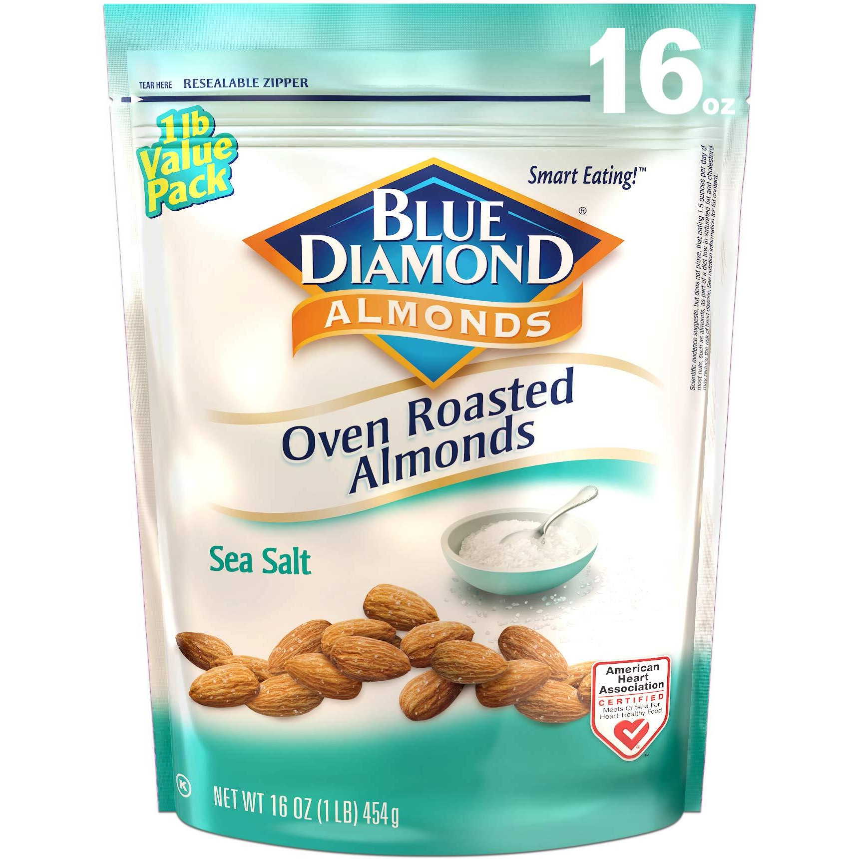 Blue Diamond Almonds Oven Roasted Snack Nuts, Sea Salt, 16 Oz Resealable Bag (Pack Of 1)