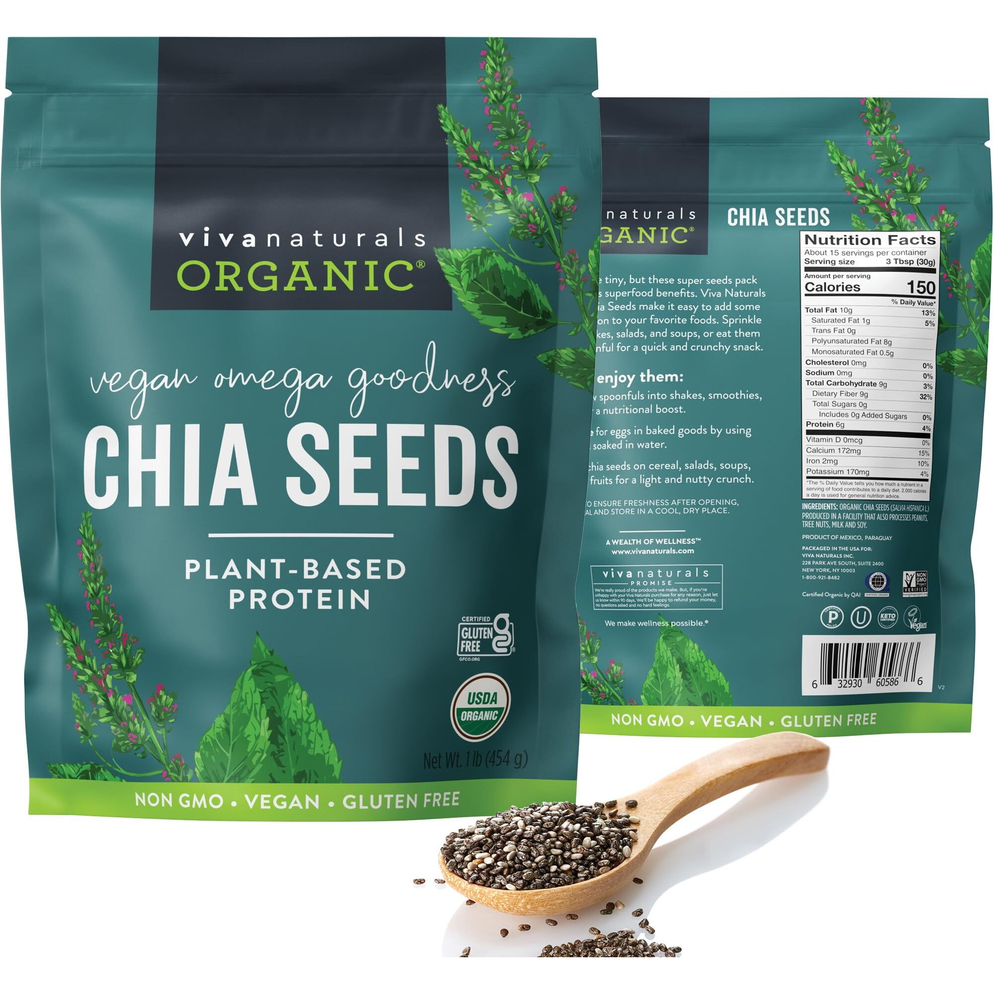 Viva Naturals Organic Chia Seeds 1 Lbs - Plant-Based Omega-3 And Vegan Protein, Non-Gmo Chia Seeds Organic Perfect For Smoothies, Salads And Chia Seed Pudding, Black Chia Seeds Bulk
