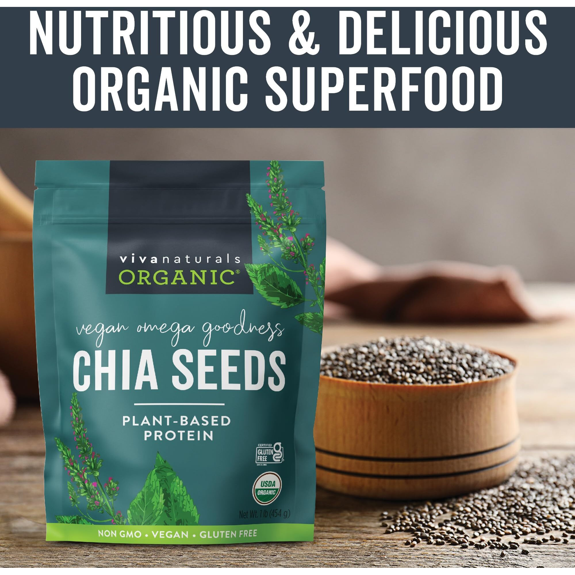 Viva Naturals Organic Chia Seeds 1 Lbs - Plant-Based Omega-3 And Vegan Protein, Non-Gmo Chia Seeds Organic Perfect For Smoothies, Salads And Chia Seed Pudding, Black Chia Seeds Bulk