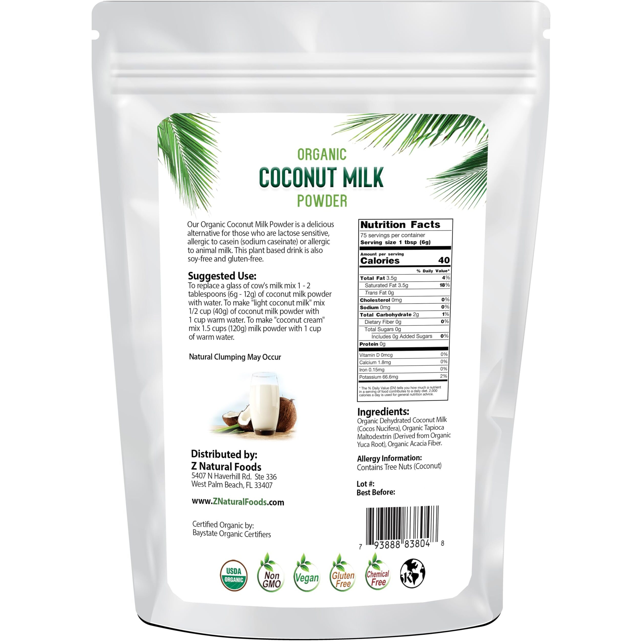 Z Natural Foods Organic Coconut Milk Powder - All-Natural Vegan Dairy-Free Alternative With Mcts - Unsweetened Coconut Creamer For Coffee & Smoothies - Gluten-Free, Non-Gmo, 1 Lb