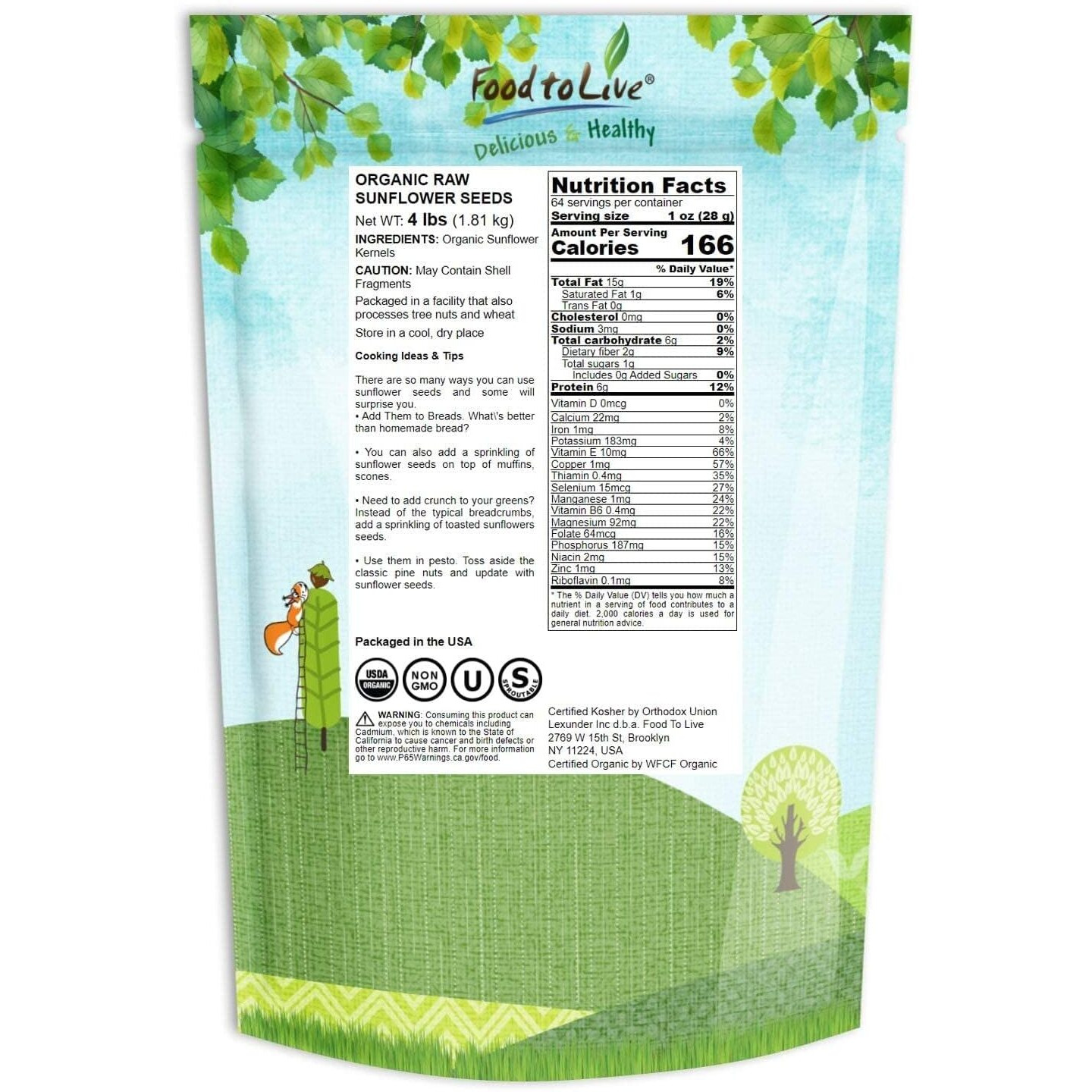 Food To Live - Organic Sunflower Seeds, 4 Pounds Hulled, Raw, Non-Gmo, Dried Kernels, Unsalted, Kosher, Vegan, Keto, Paleo, Sirtfood, Bulk, Good Source Of Protein