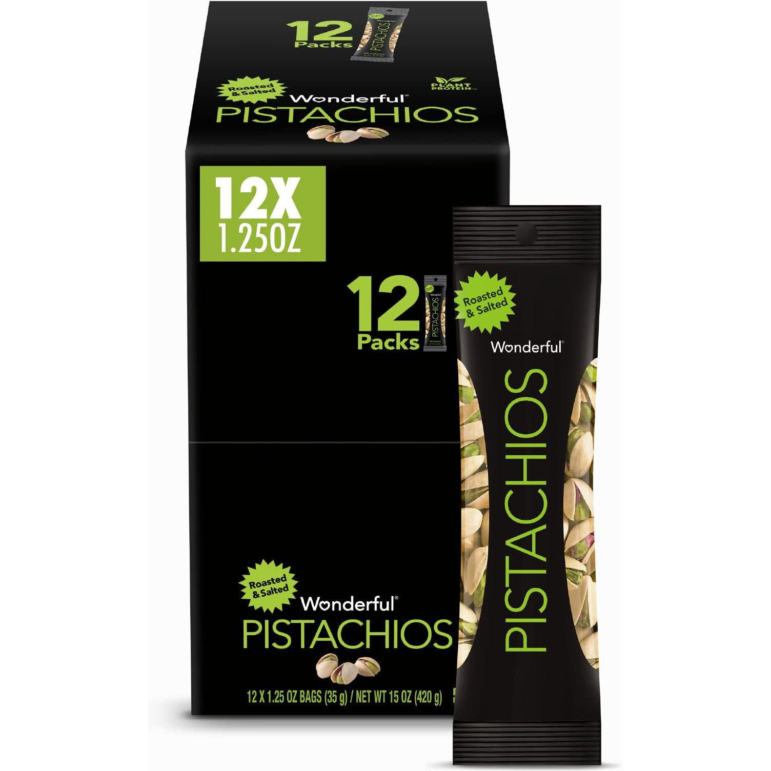 Wonderful Pistachios In Shell, Roasted And Salted Nuts, 1.25 Ounce Bag (Pack Of 12), Protein Snack, On-The Go, Individually Wrapped Healthy Snack
