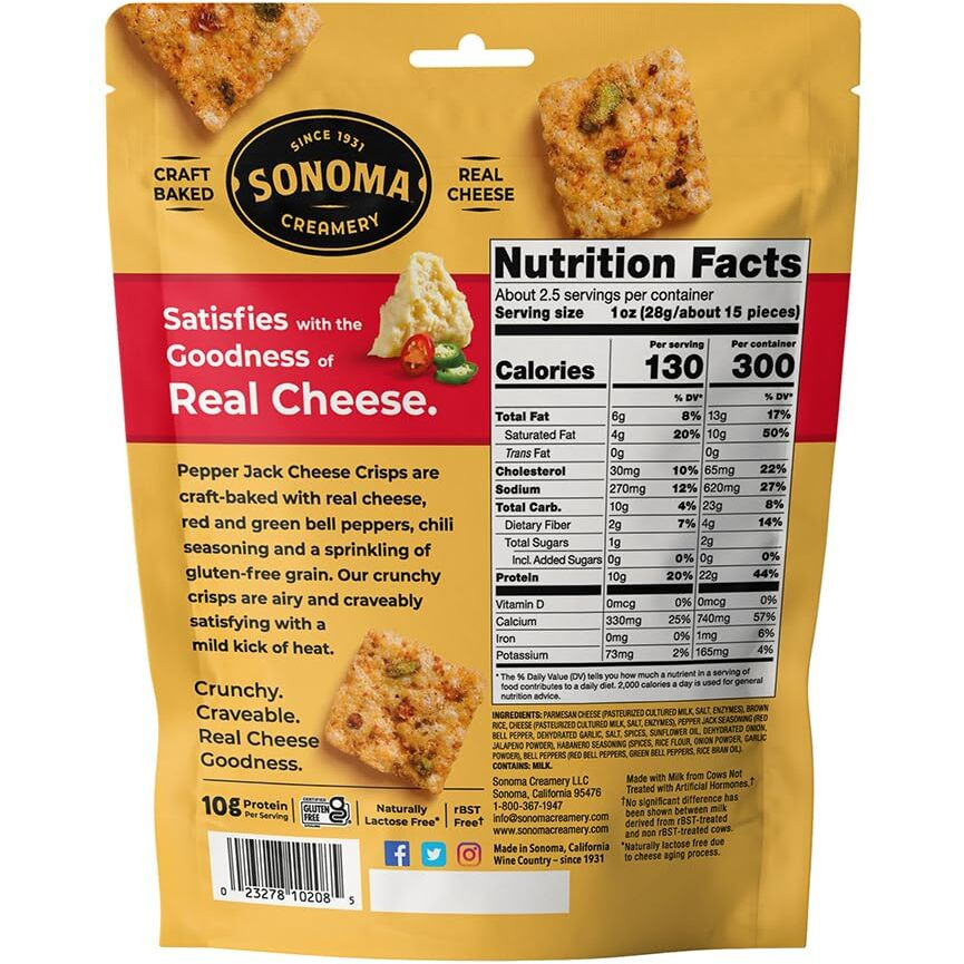 Sonoma Creamery - Cheese Crisps, Pepper Jack, 2.25 Oz (6 Count) | Savory Snack | High Protein | Low Carb | Gluten Free |Keto-Friendly