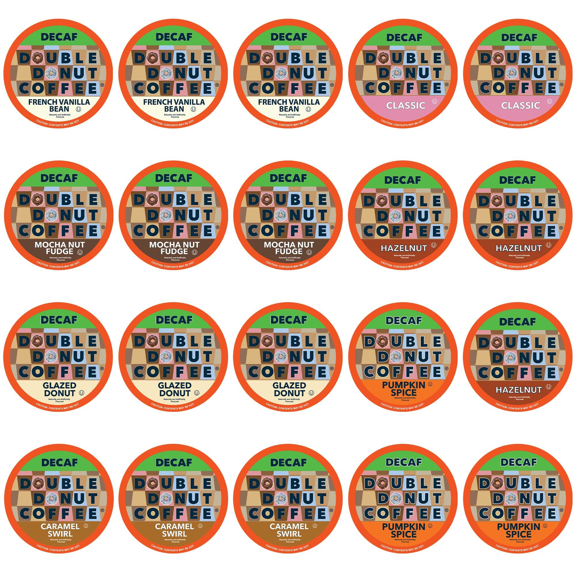 Double Donut Coffee Decaf Flavored Coffee Single Serve Cups For Keurig K Cup Brewer Variety Pack Sampler, 20Count