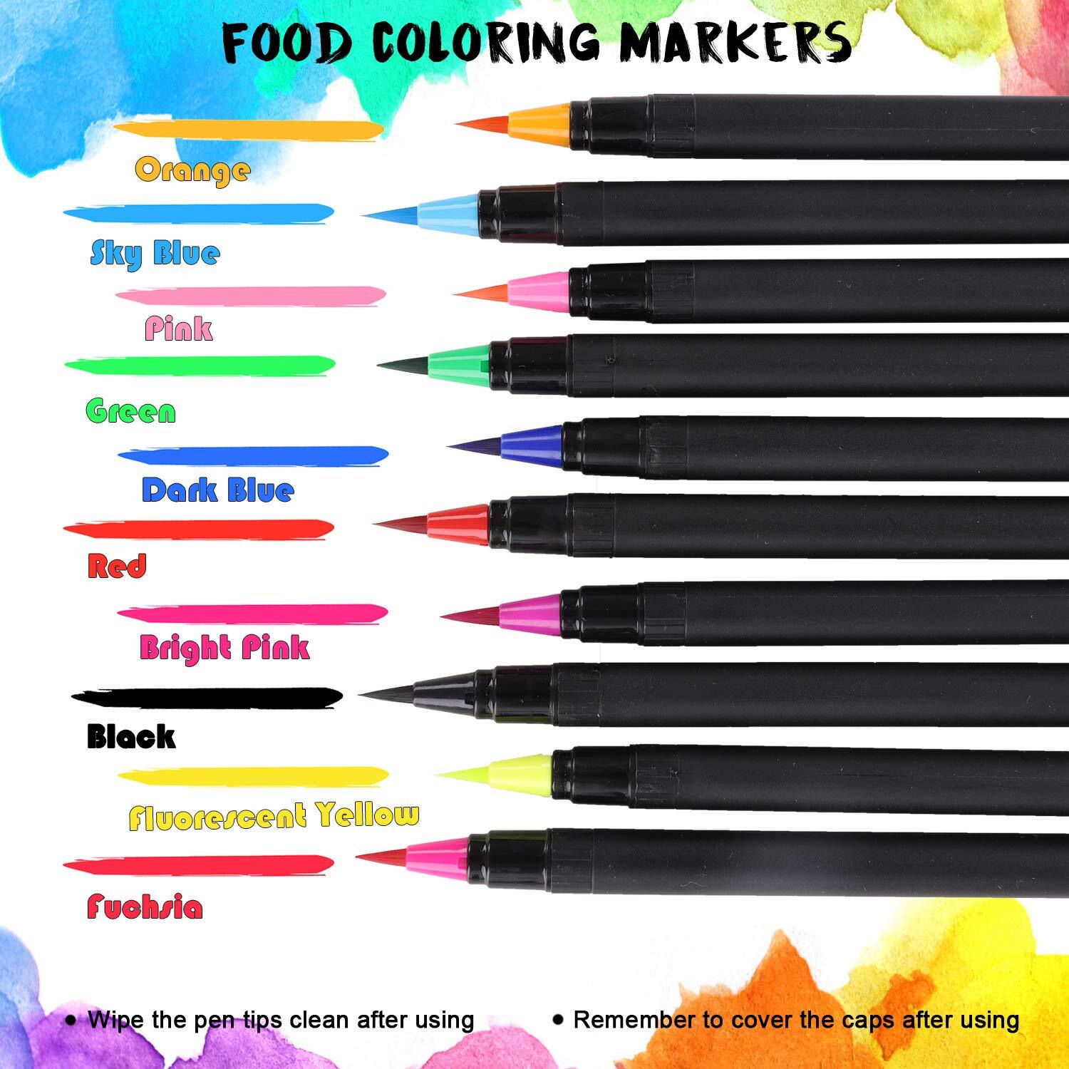 Food Coloring Marker Pens, 10Pcs Food Grade Edible Markers Food Writers For Decorating Fondant, Cakes, Cookies, Easter Eggs Painting Drawing Writing - Flexible Brush Tip, 10 Colors
