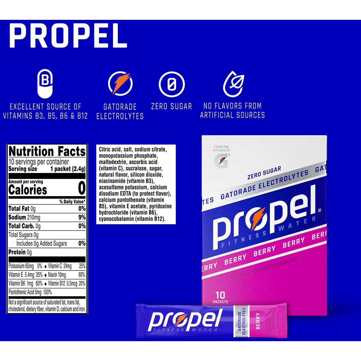 Propel Powder Packets Berry With Electrolytes, Vitamins And No Sugar 10 Count (Pack Of 12)