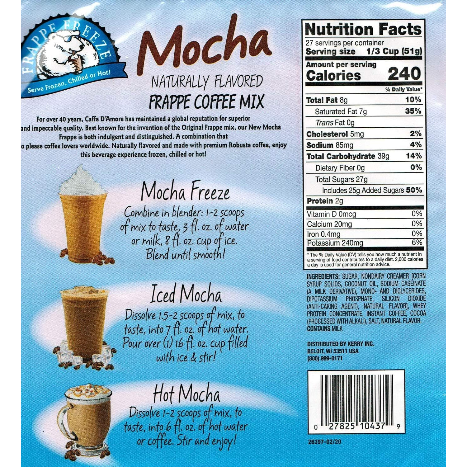 Davinci Gourmet Frappe Freeze Frappe Coffee Mix, Mocha, 3 Lb Bag, 27 Servings