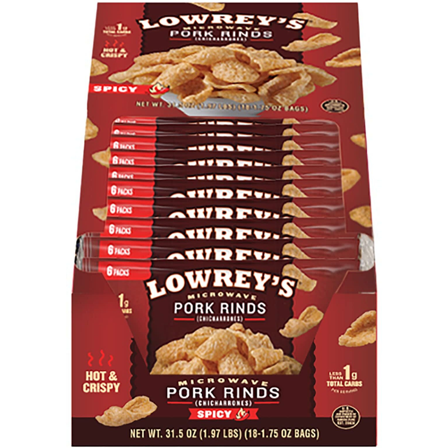 Lowrey's Bacon Curls Microwave Pork Rinds (Chicharrones), Hot & Spicy, 1.75 Ounce (Pack Of 18)
