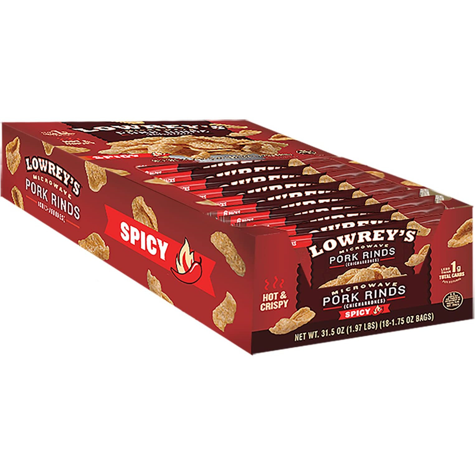 Lowrey's Bacon Curls Microwave Pork Rinds (Chicharrones), Hot & Spicy, 1.75 Ounce (Pack Of 18)