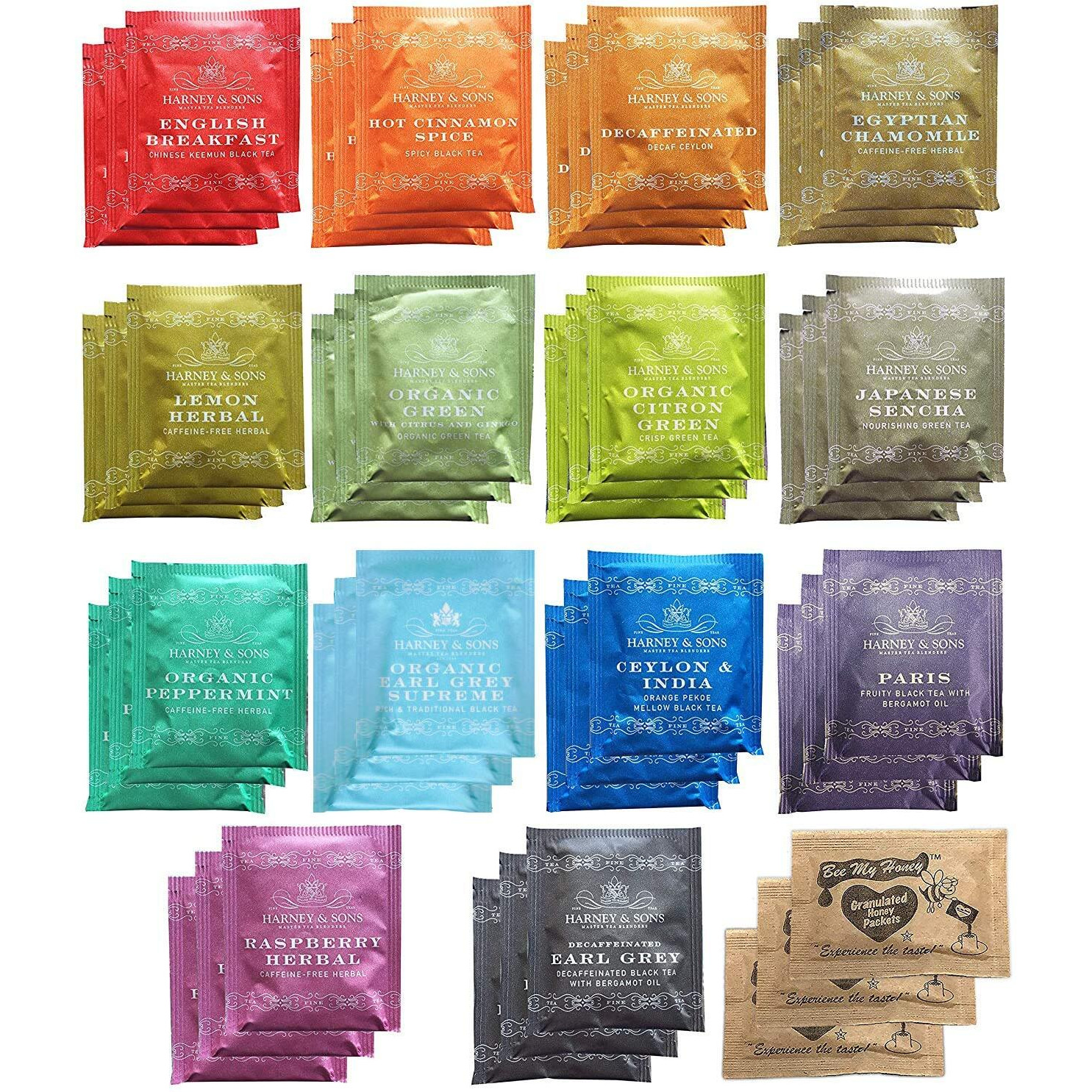 Harney & Sons Assorted Tea Bag Sampler 42 Count With Honey Crystal Packs Great For Birthday, Hostess And Co-Worker Gifts