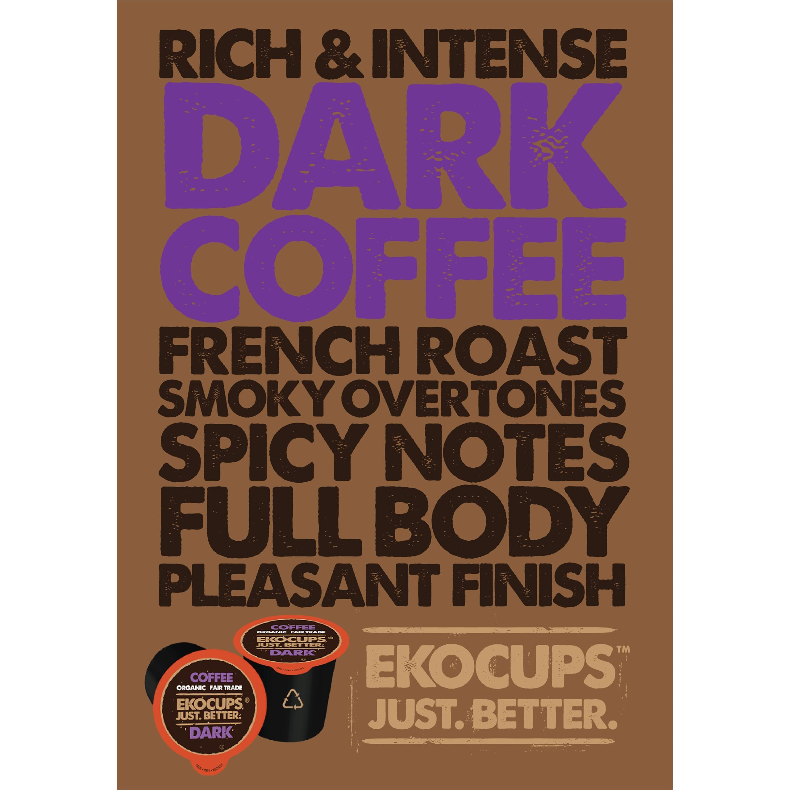 Ekocups Organic Dark Roast Coffee Pods, Strong Bold Dark Roast Flavor - Usda Certified Organic - Single Serve Cups For Keurig K Cups Coffee Makers, Box Of 40 Recyclable Capsules