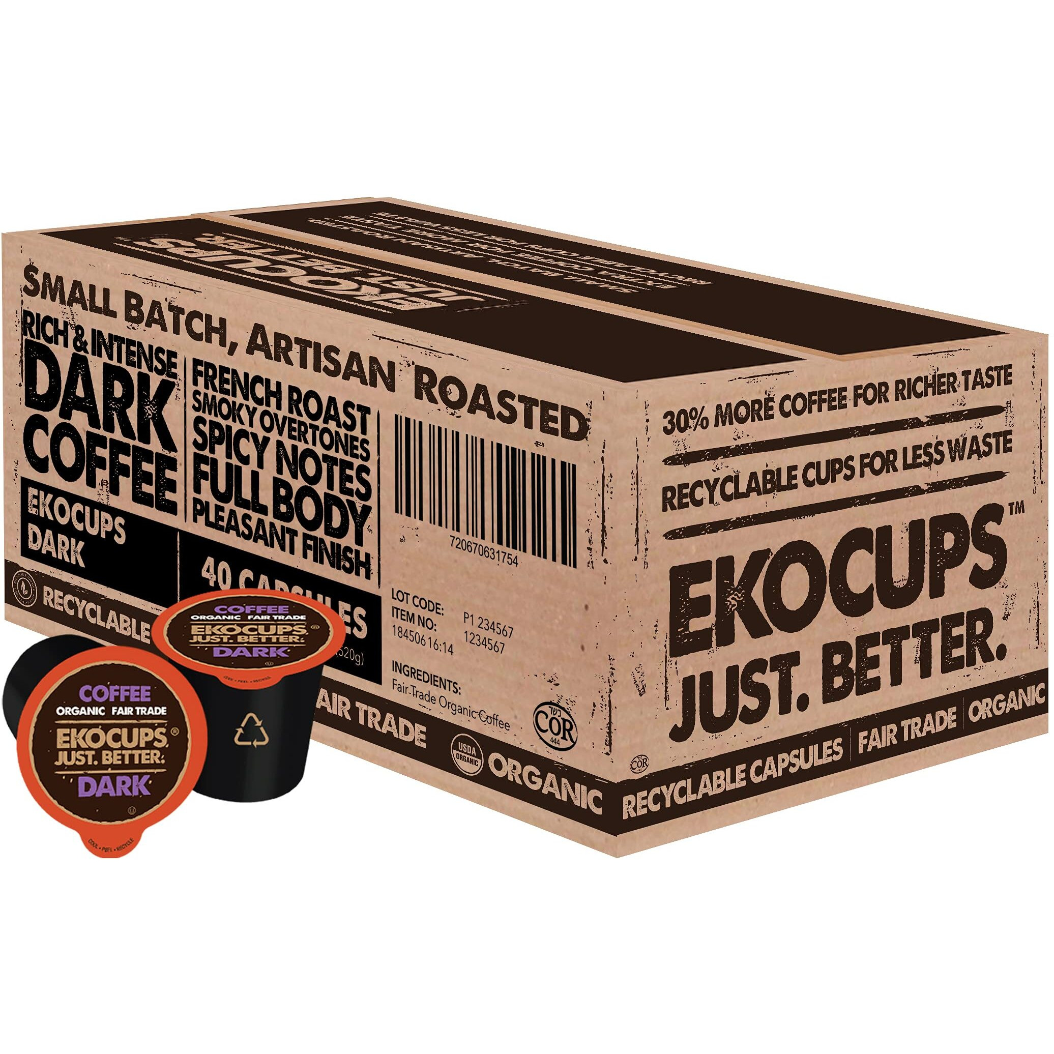Ekocups Organic Dark Roast Coffee Pods, Strong Bold Dark Roast Flavor - Usda Certified Organic - Single Serve Cups For Keurig K Cups Coffee Makers, Box Of 40 Recyclable Capsules