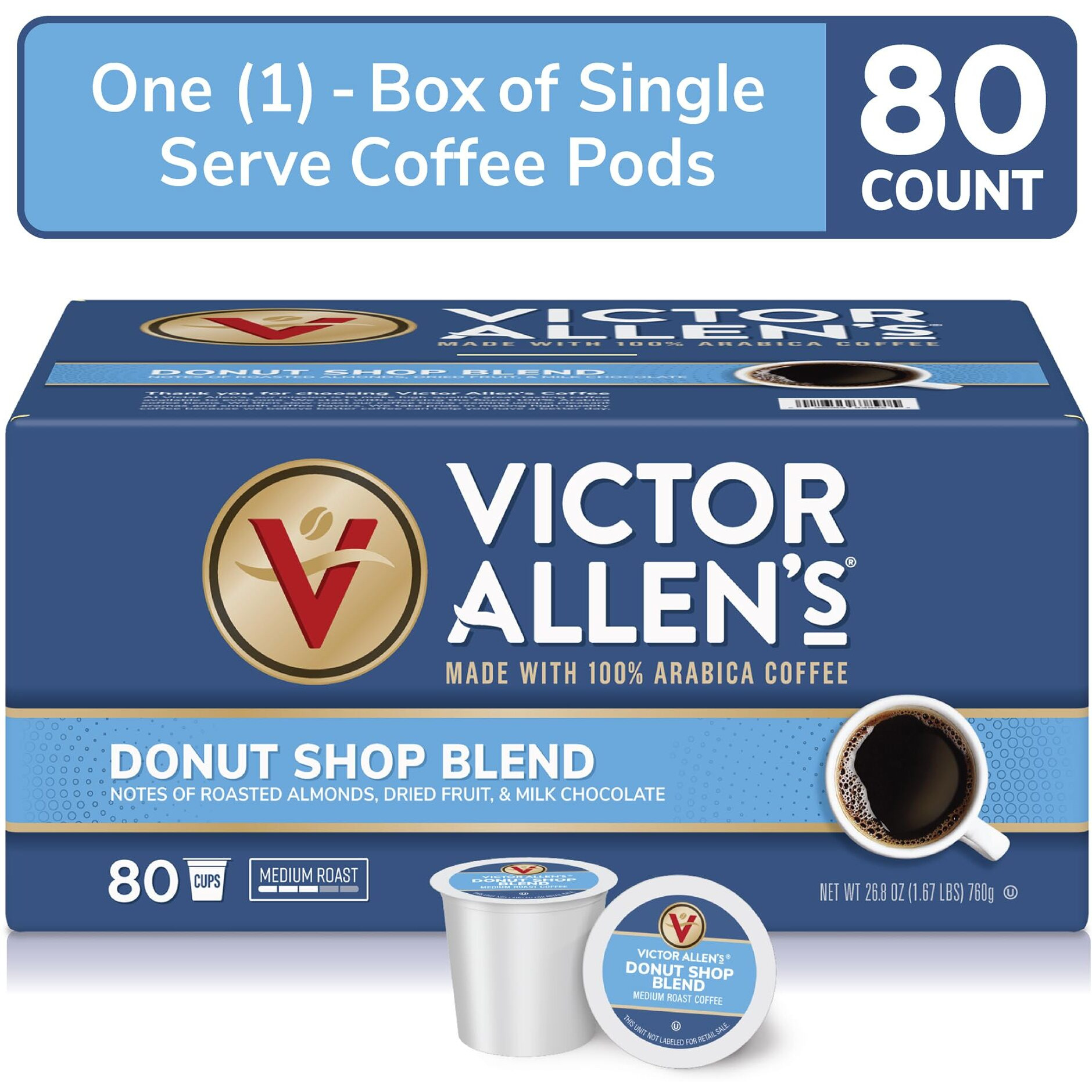 Victor Allen's Coffee Donut Shop Blend, Medium Roast, 80 Count, Single Serve Coffee Pods For Keurig K-Cup Brewers
