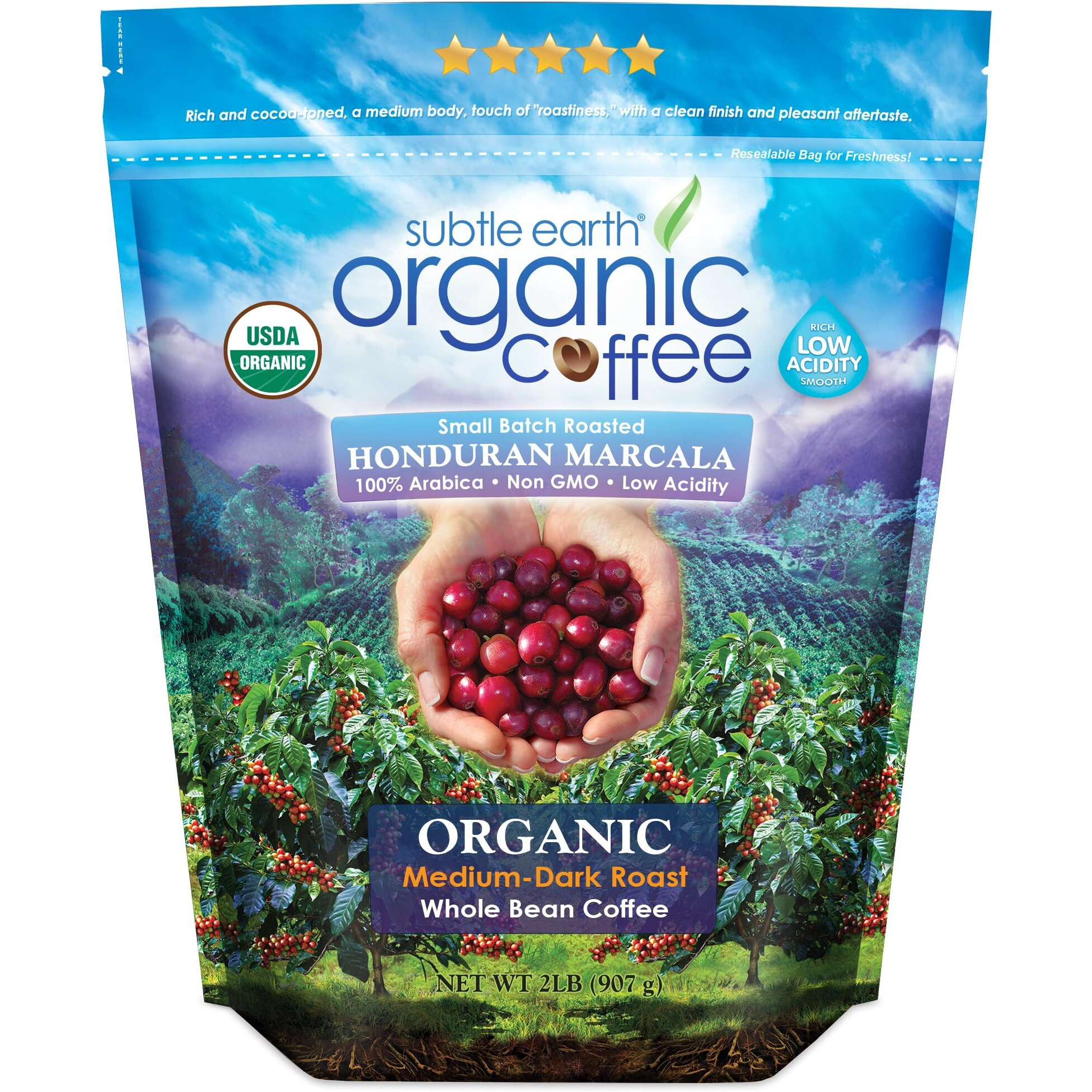 2Lb Subtle Earth Organic Coffee - Medium-Dark Roast - Whole Bean Coffee - 100% Arabica Beans - Low Acidity And Non-Gmo - 2Lb Bag