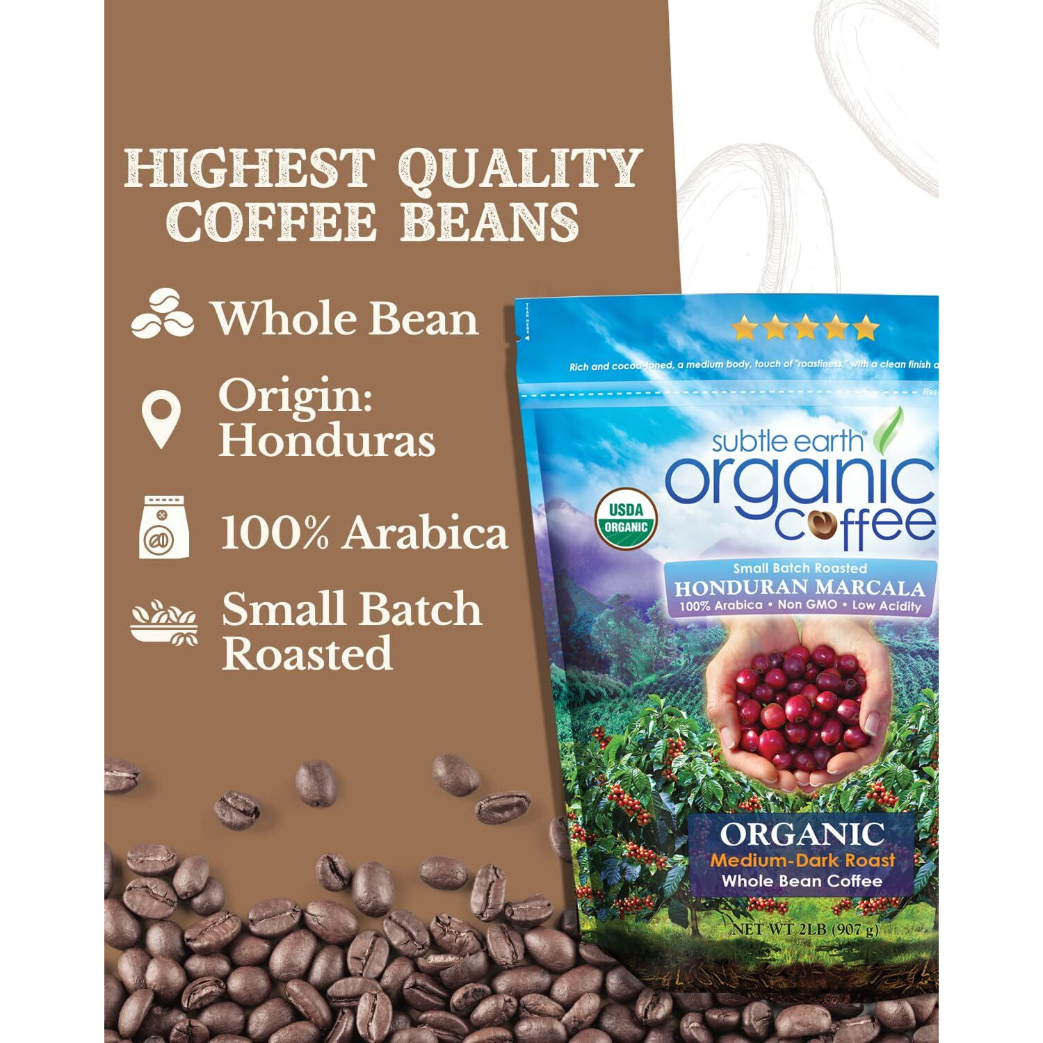 2Lb Subtle Earth Organic Coffee - Medium-Dark Roast - Whole Bean Coffee - 100% Arabica Beans - Low Acidity And Non-Gmo - 2Lb Bag