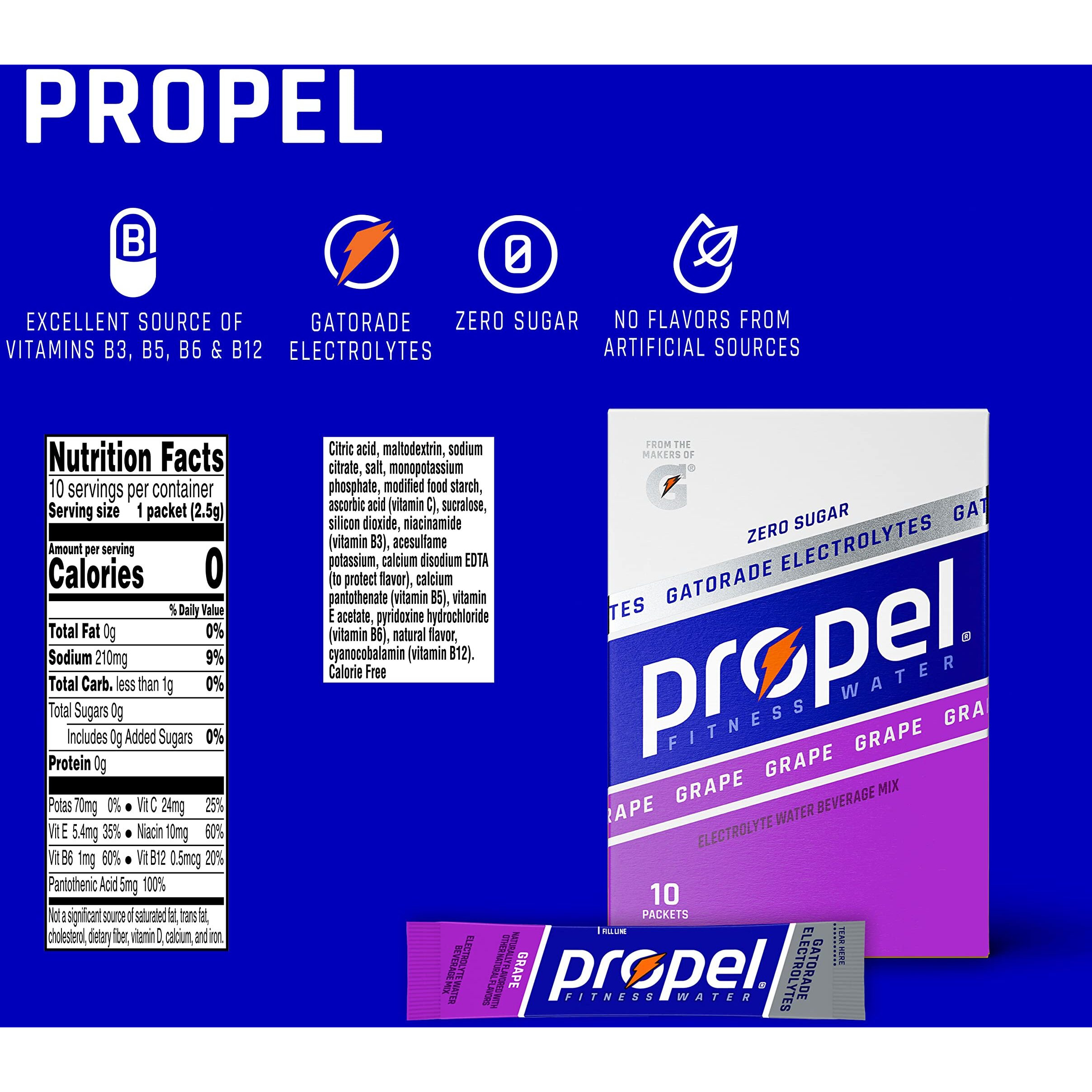 Propel Powder Packets Grape, With Electrolytes, Vitamins And No Sugar, 10 Count (Pack Of 12) (Packaging May Vary)