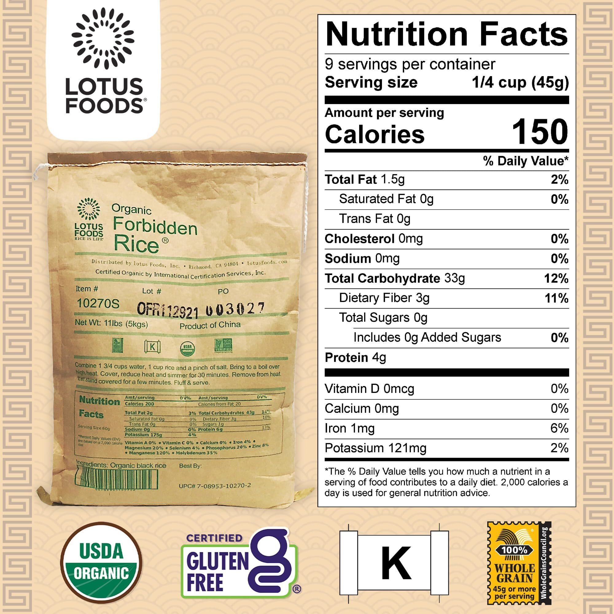 Lotus Foods Bulk Organic Forbidden Rice - Black Rice Organic, Purple Rice, Black Rice Bulk, Gluten Free Heirloom Rice, Whole Grain, Non Gmo, Vegan - 11 Lb Bag