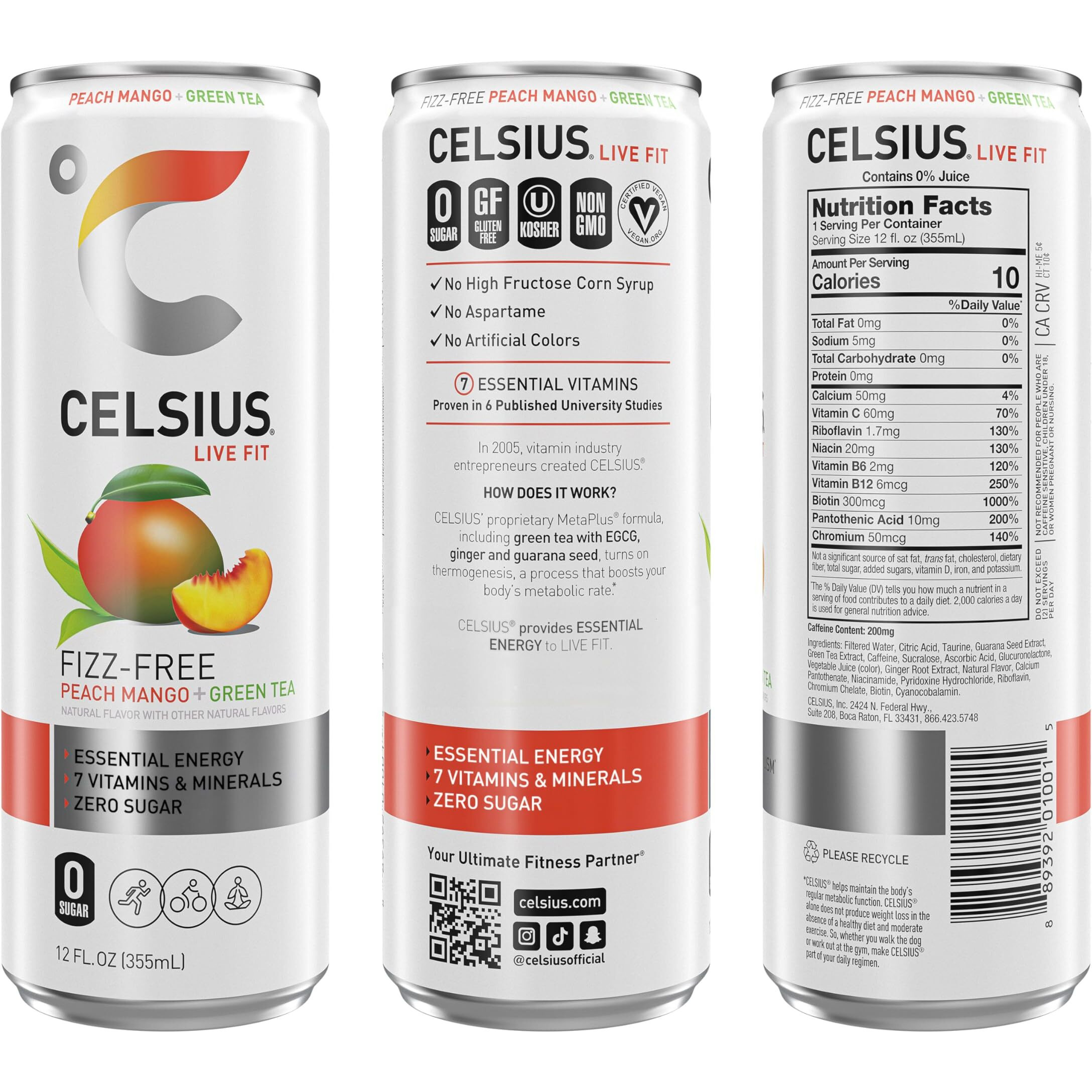 Celsius Peach Mango Green Tea, Functional Essential Energy Drink 12 Fl Oz (Pack Of 12)