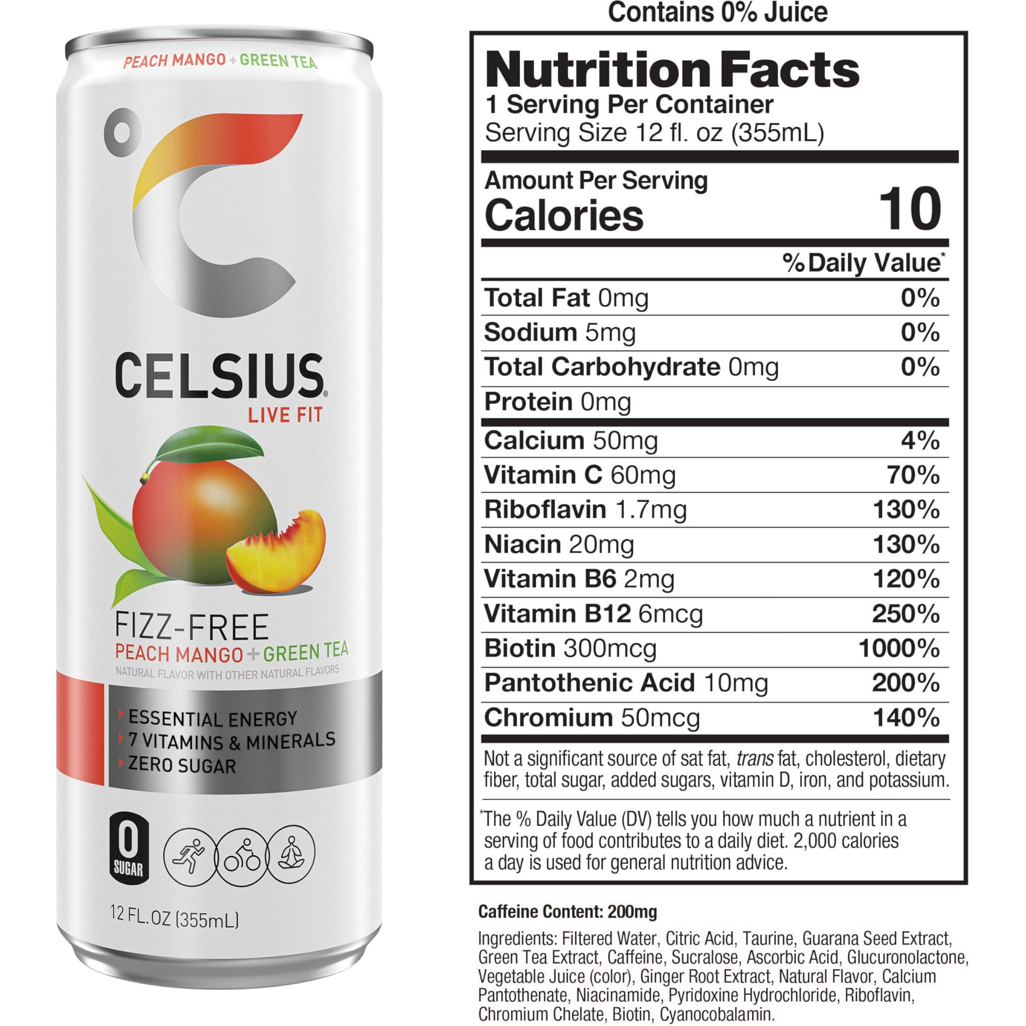 Celsius Peach Mango Green Tea, Functional Essential Energy Drink 12 Fl Oz (Pack Of 12)