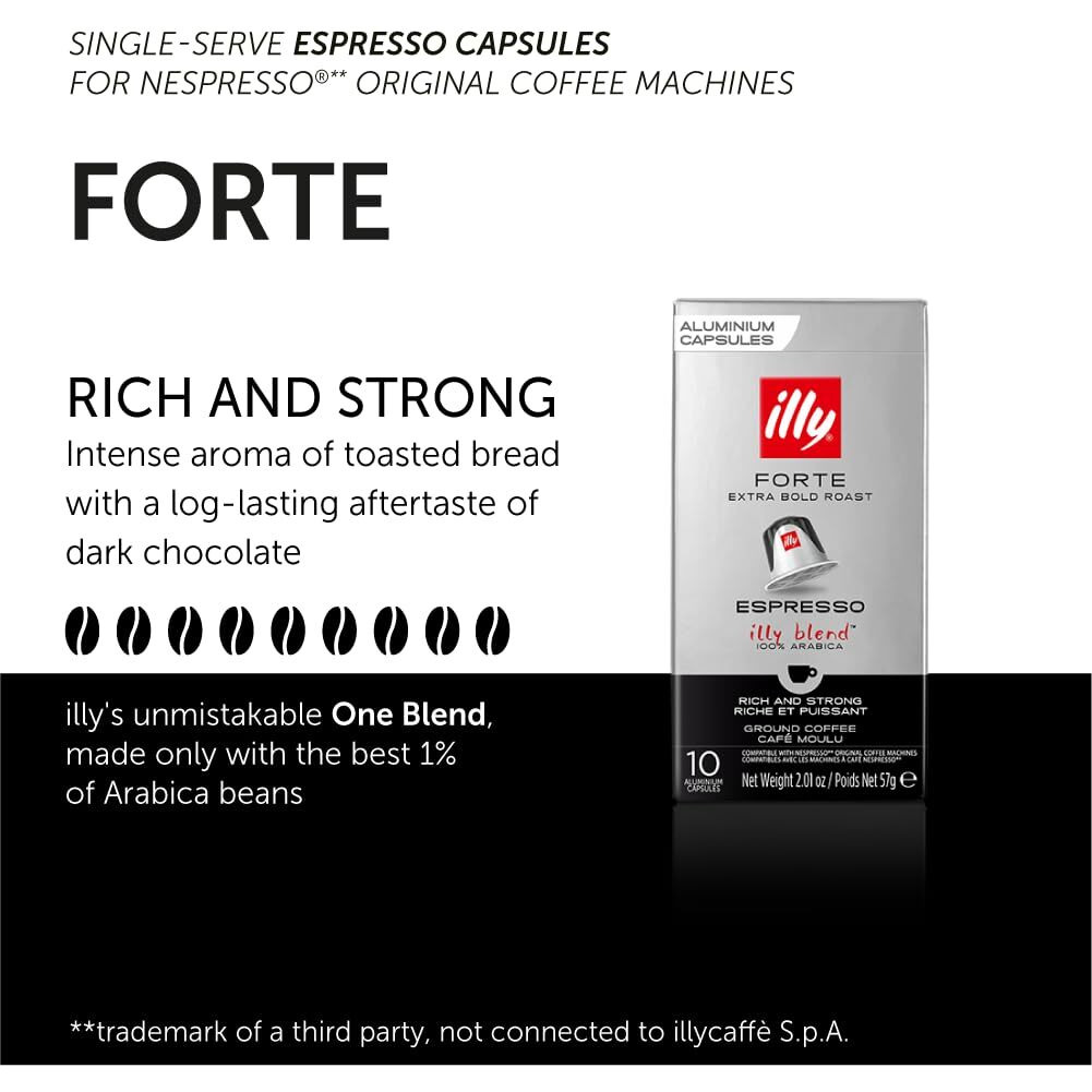 Illy Espresso Compatible Capsules - Single-Serve Coffee Capsules & Pods - Forte Extra Bold Roast - Notes Of Dark Chocolate Coffee Pods - For Nespresso Coffee Machines - 10 Count