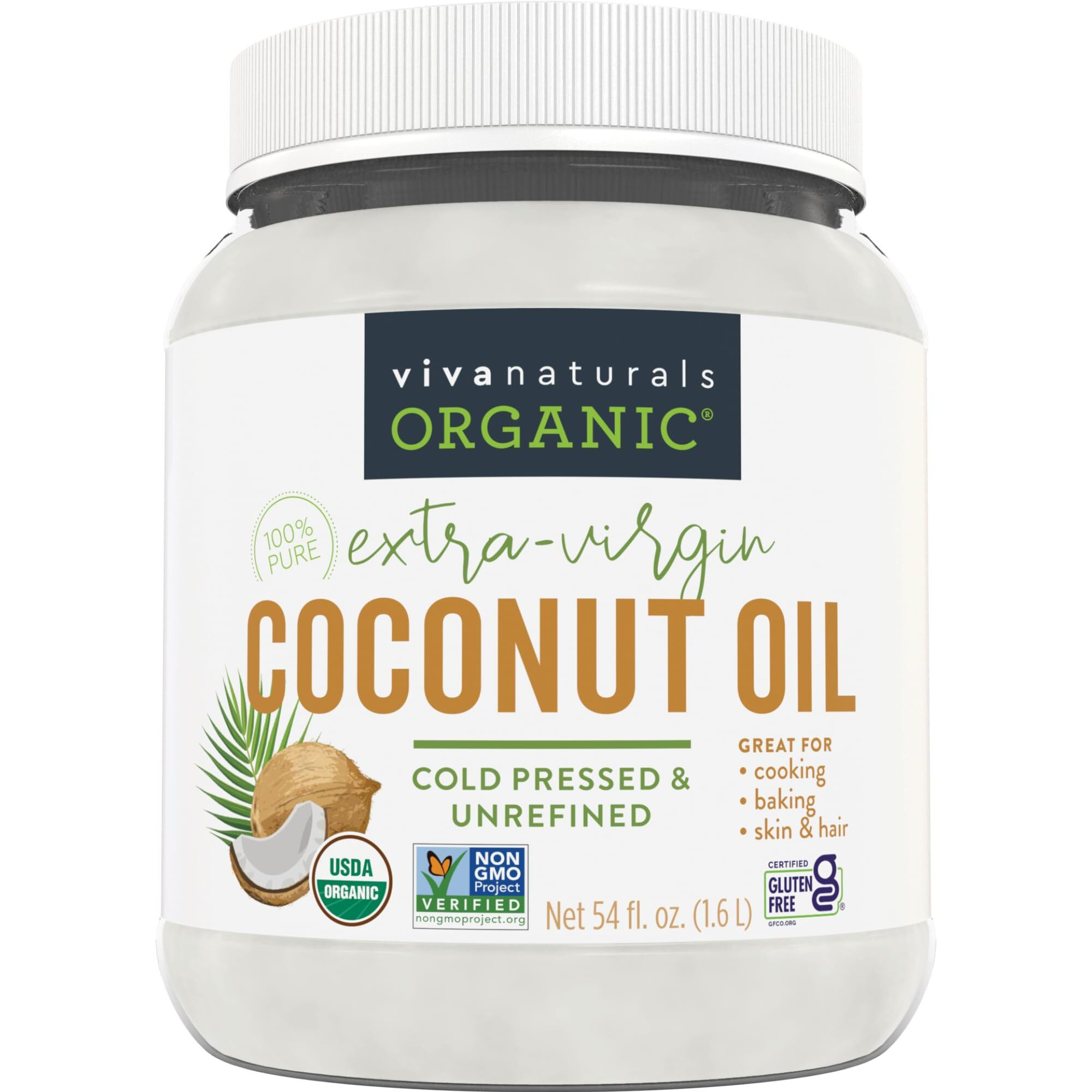 Viva Naturals Organic Coconut Oil - Unrefined, Cold-Pressed Extra Virgin Coconut Oil, Usda Organic And Non-Gmo Cooking Oil, Great As Hair Oil And Skin Oil, 54 Fl Oz