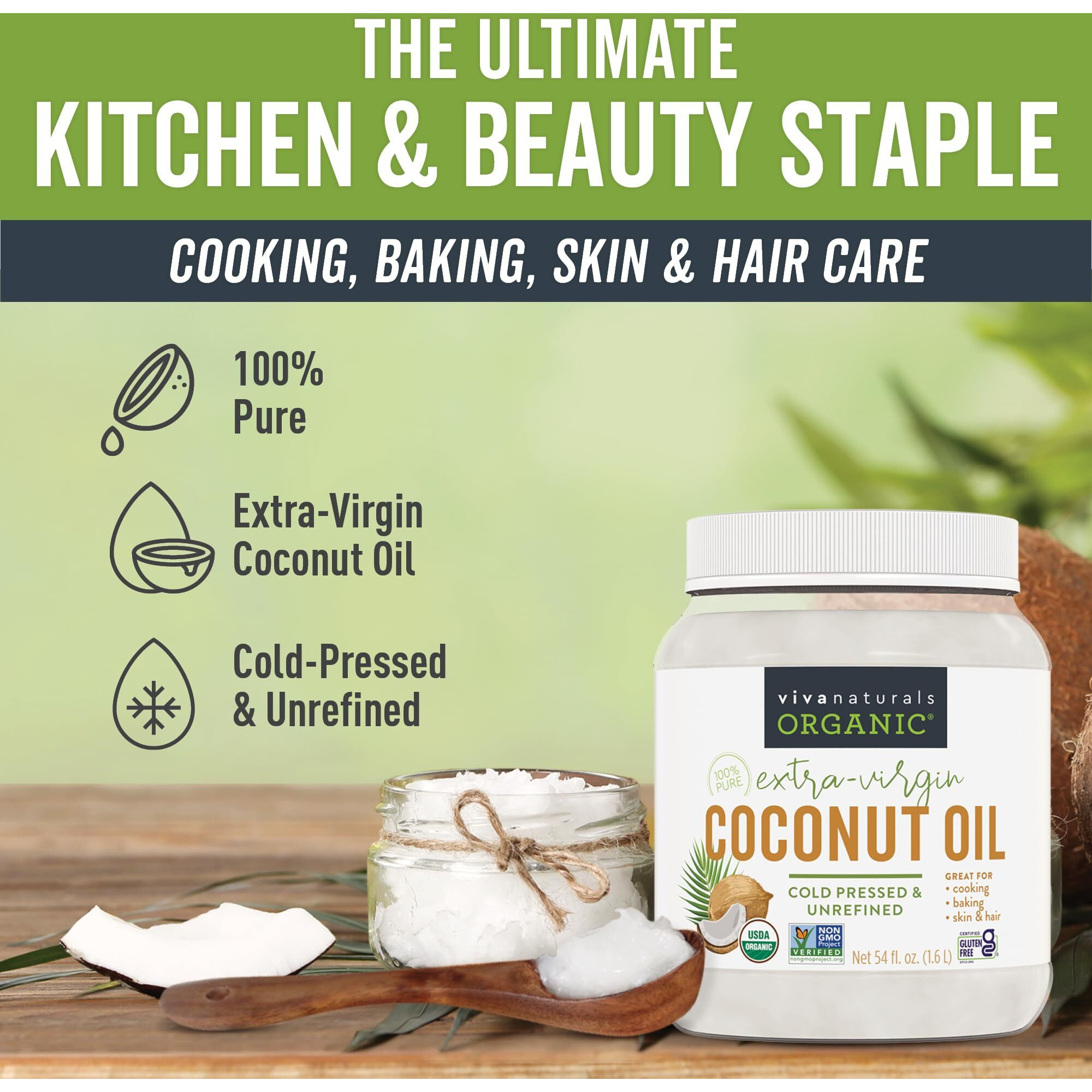 Viva Naturals Organic Coconut Oil - Unrefined, Cold-Pressed Extra Virgin Coconut Oil, Usda Organic And Non-Gmo Cooking Oil, Great As Hair Oil And Skin Oil, 54 Fl Oz