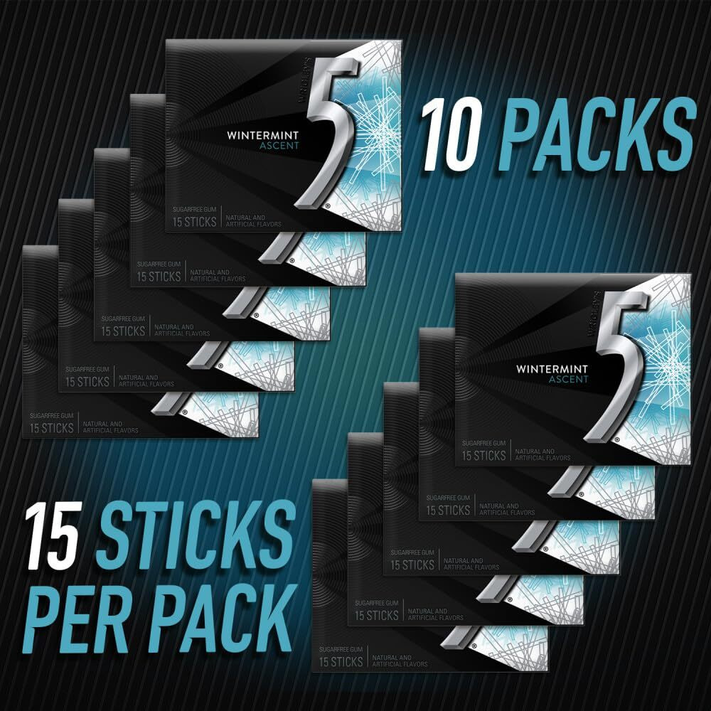 5 Gum Wintergreen Ascent Sugar Free Chewing Gum Bulk, 15 Stick Box (Pack Of 10)