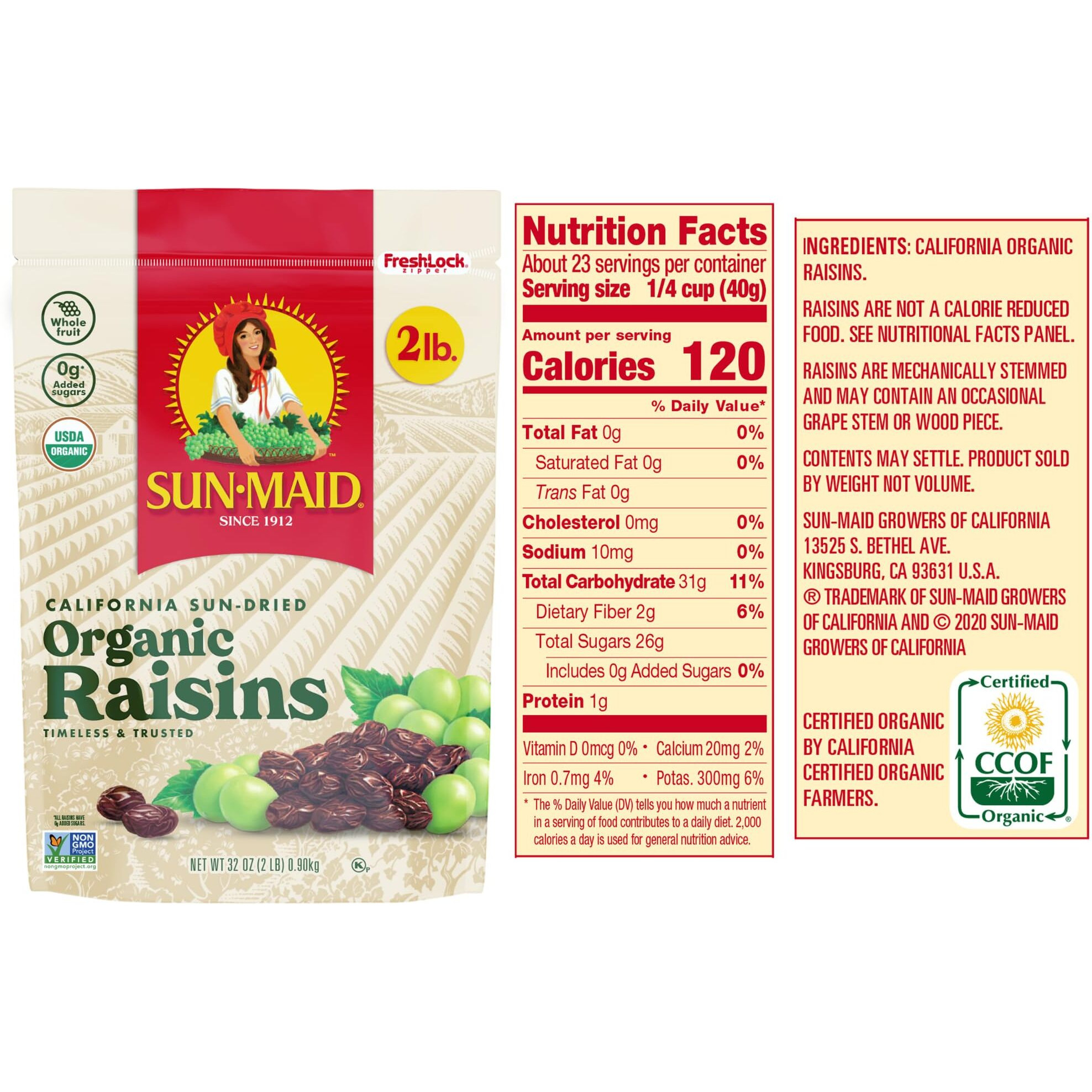 Sun-Maid Organic California Sun-Dried Raisins - 32 Oz Resealable Bag - Organic Dried Fruit Snack For Lunches, Snacks, And Natural Sweeteners