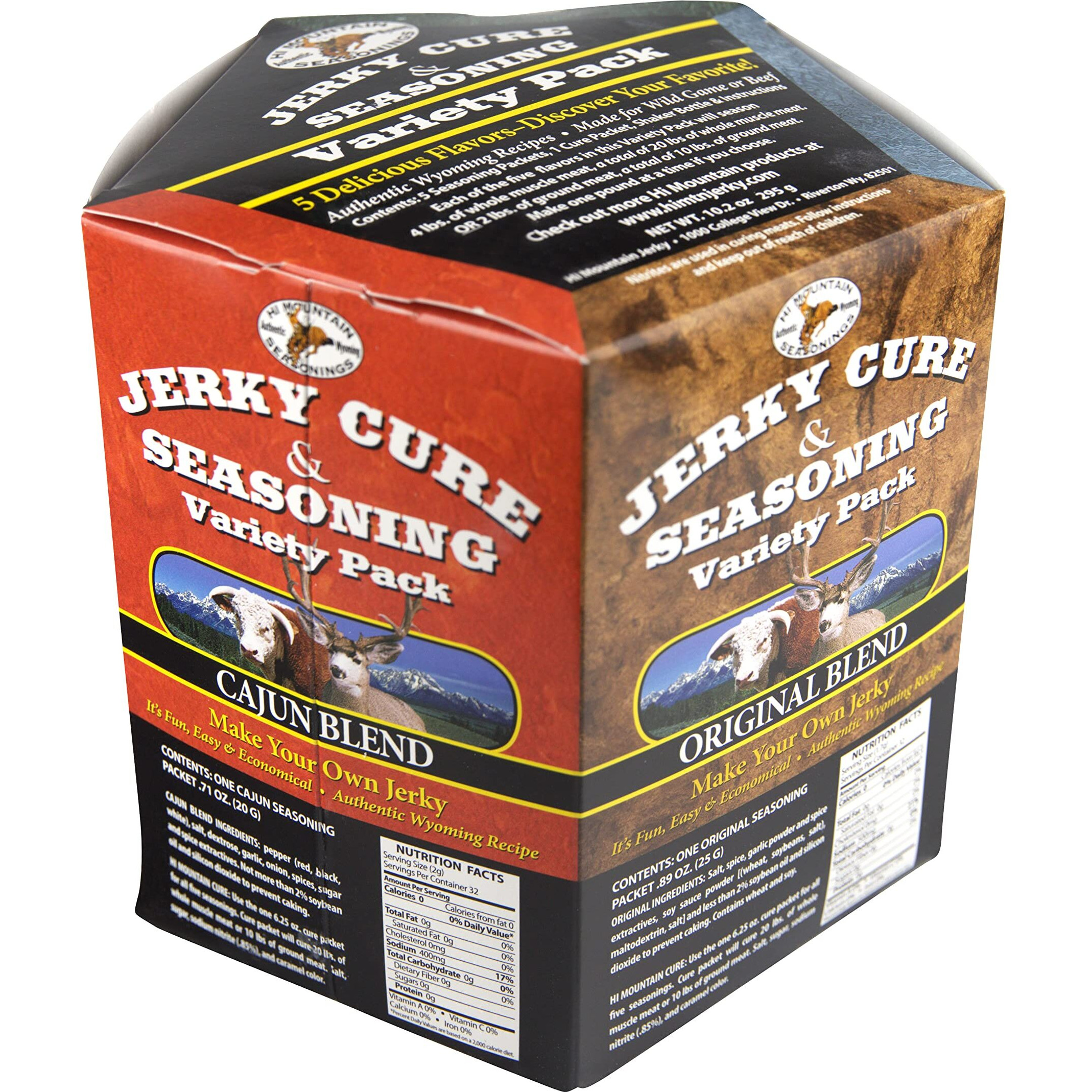 Hi Mountain Jerky Seasoning And Cure Kit | Variety Pack 1 | Flavors Original, Mesquite, Hickory, Cracked Pepper N Garlic, & Cajun | Make Beef Jerky At Home | Beef, Deer, Elk & Venison