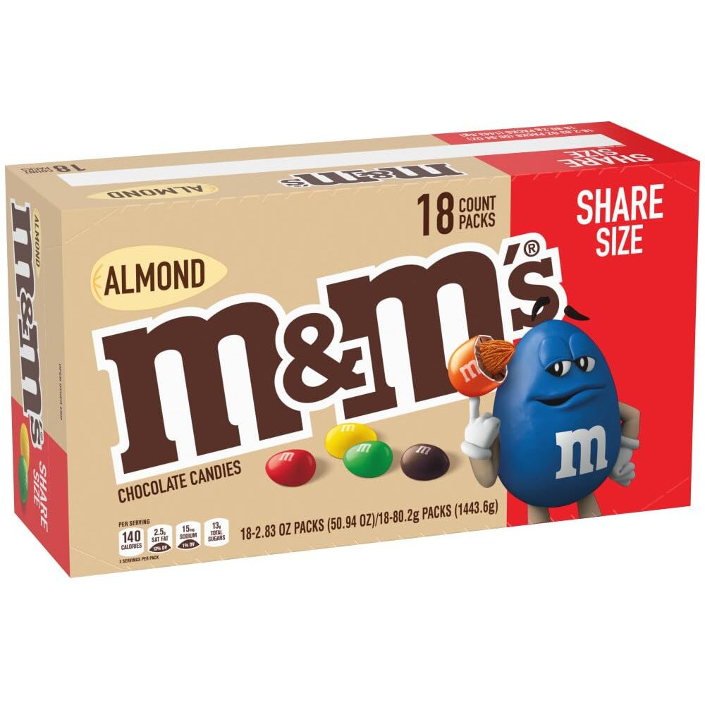M&M's Almond Chocolate Candy Sharing Size 2.83-Ounce Pouch 18-Count Box