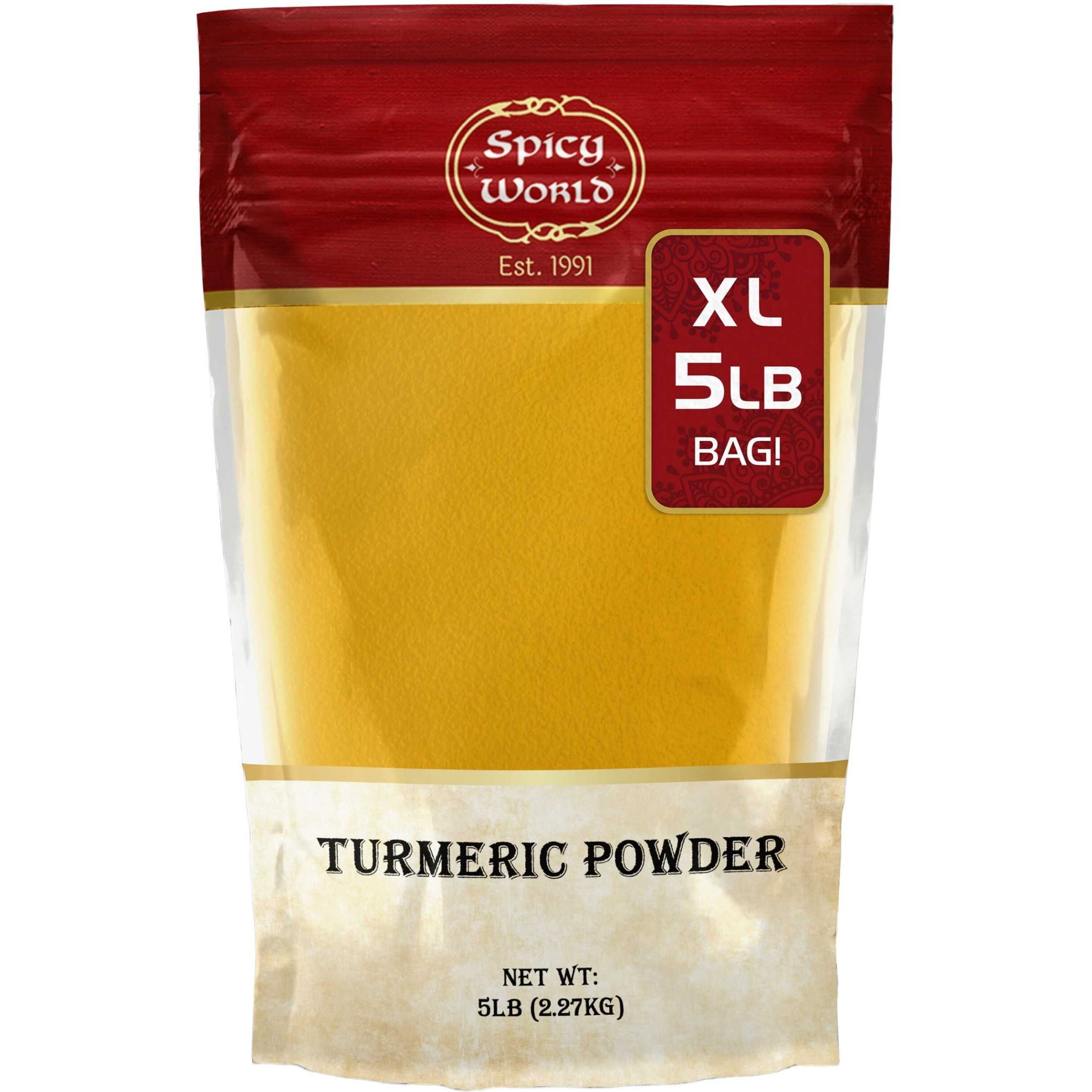 Spicy World Turmeric Powder 5 Pound Bulk Bag - Indian Turmeric Root Ground (Haldi) - Minimum Curcumin 2.5%